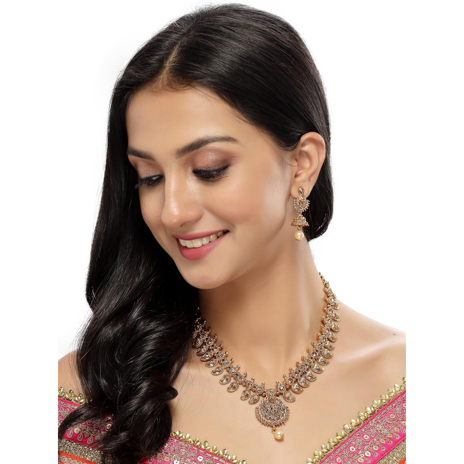 Sukkhi Classical Temple Gold Plated Copper Beads Studded Long Necklace Set With Jhumke Earring | Jewellery Set For Women (NS105657)