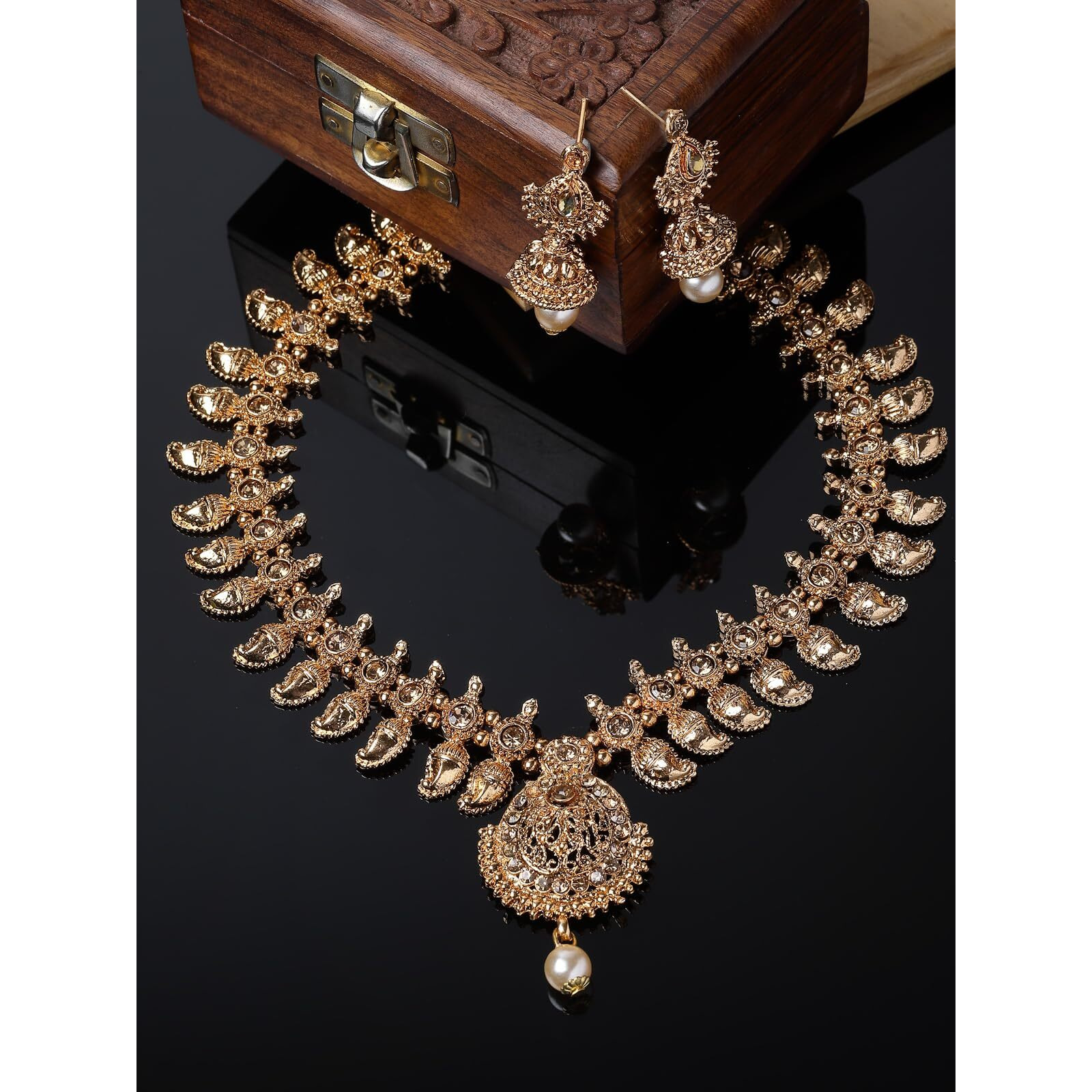 Sukkhi Classical Temple Gold Plated Copper Beads Studded Long Necklace Set With Jhumke Earring | Jewellery Set For Women (NS105657)