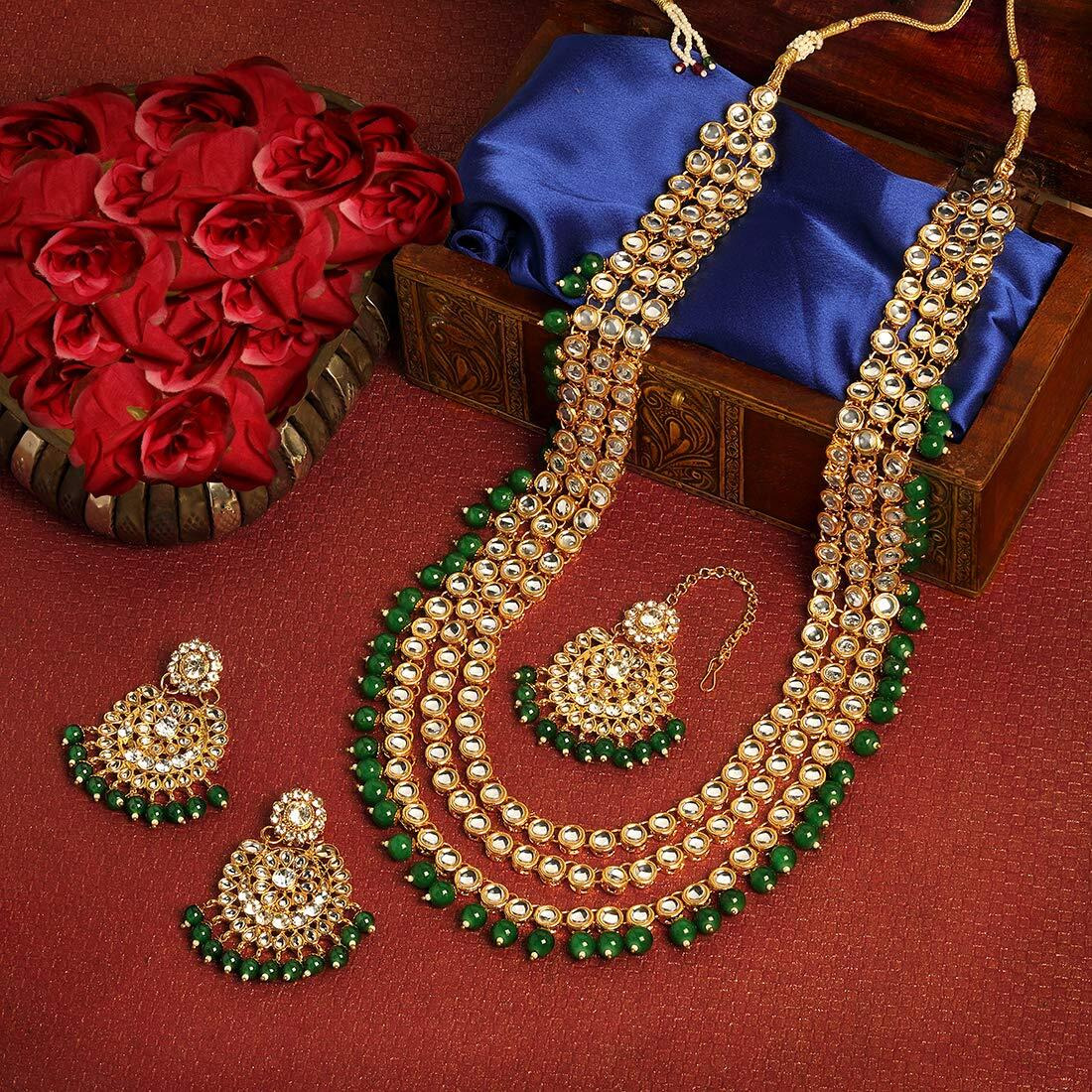 Peora Gold Plated Brass and Kundan Long Necklace Set With Maang Tikka & Earrings for Women & Girls