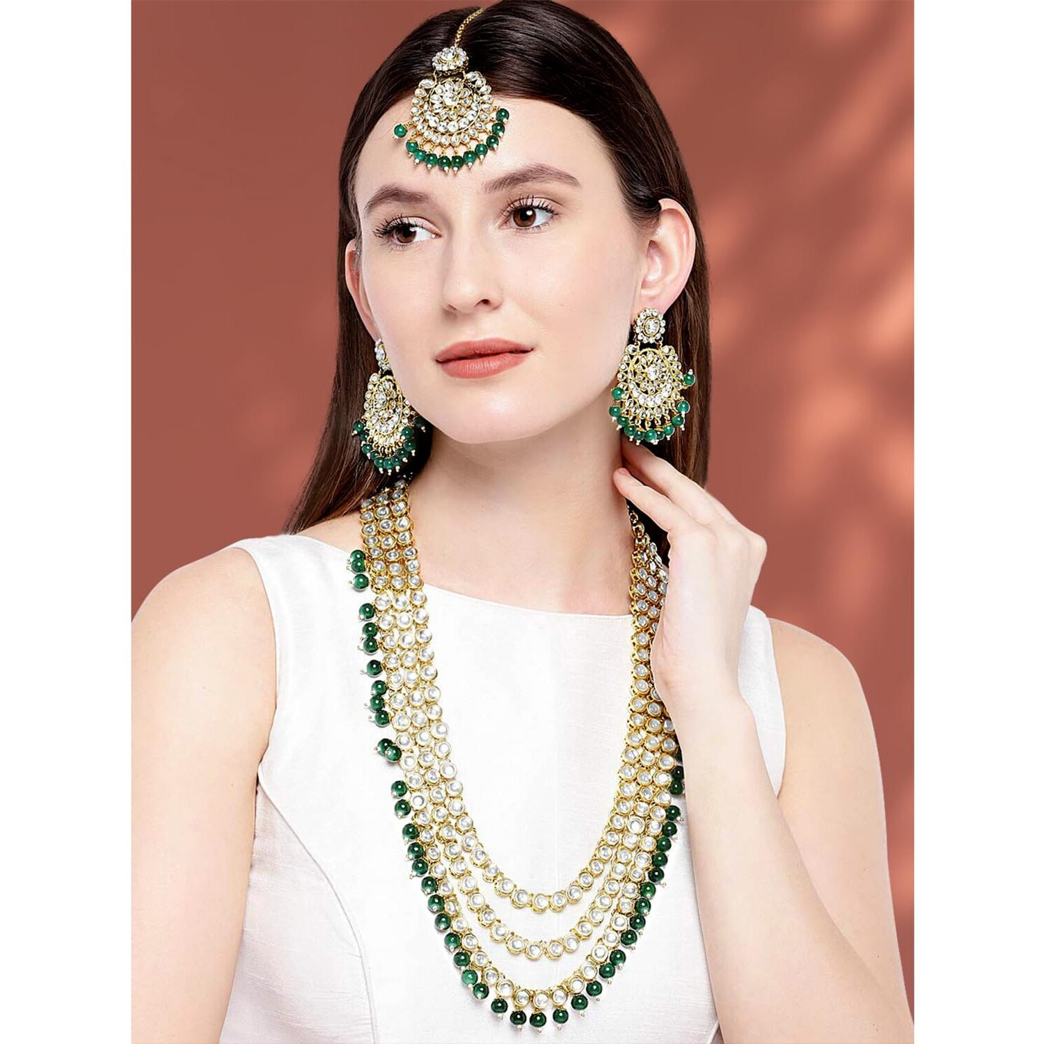 Peora Gold Plated Brass and Kundan Long Necklace Set With Maang Tikka & Earrings for Women & Girls