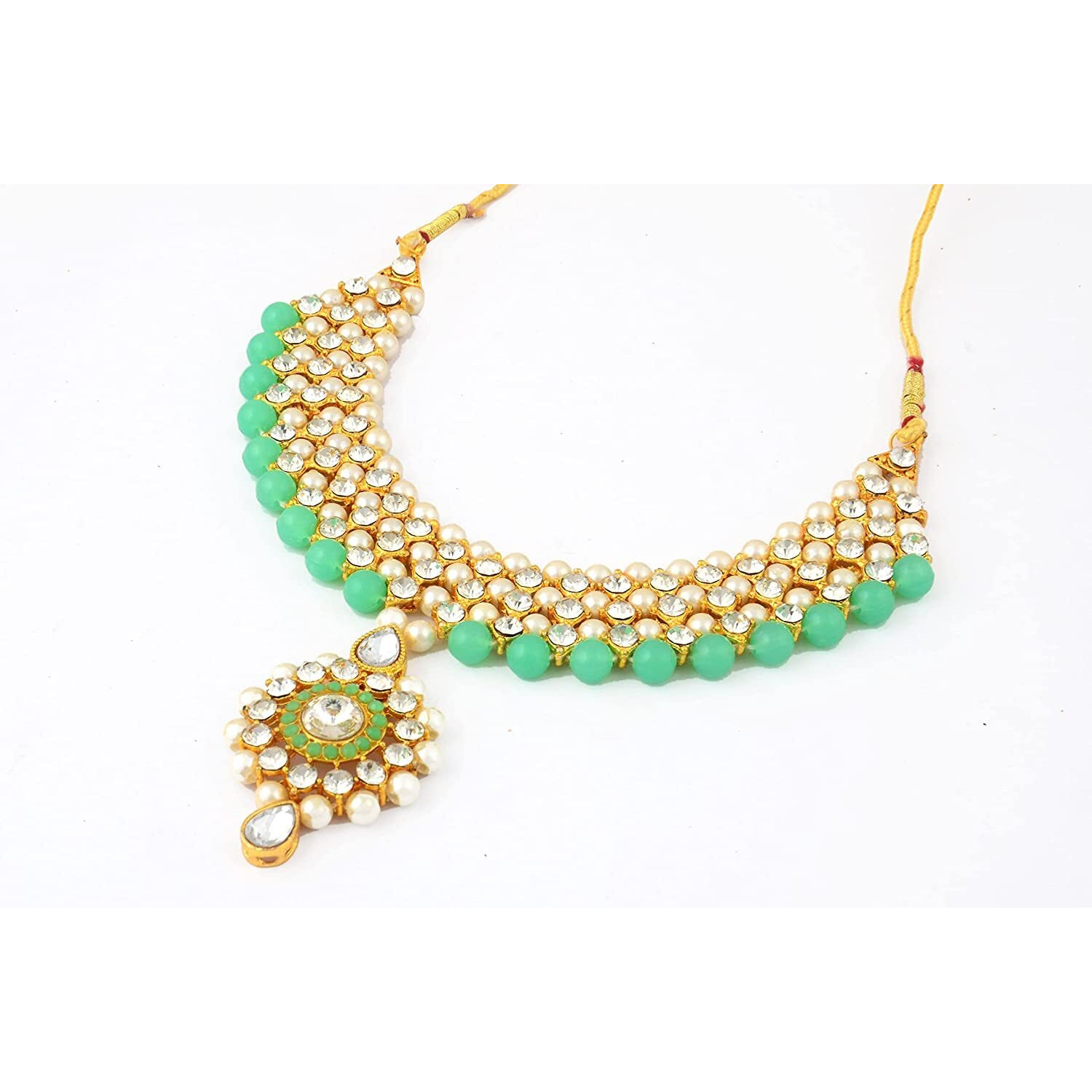 Womens Gold Plated Bridal Long Necklace Set Neck Choker with Earrings and Maang Tikka for Women & Girls (Light Green)