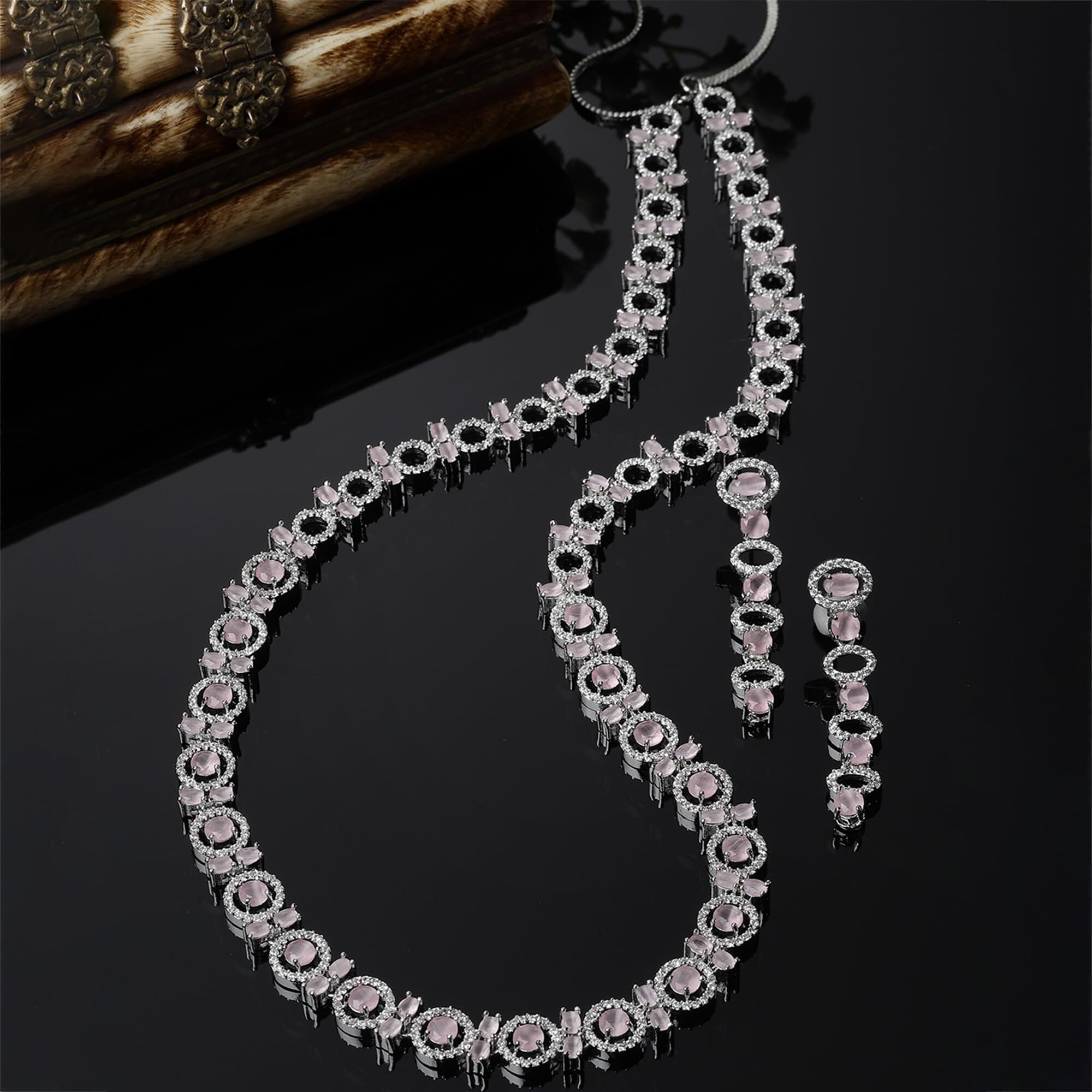 ZENEME Rhodium-Plated Silver Toned Oval American Diamond Long Necklace Earrings Jewellery Set for Girls and Women (Pink)