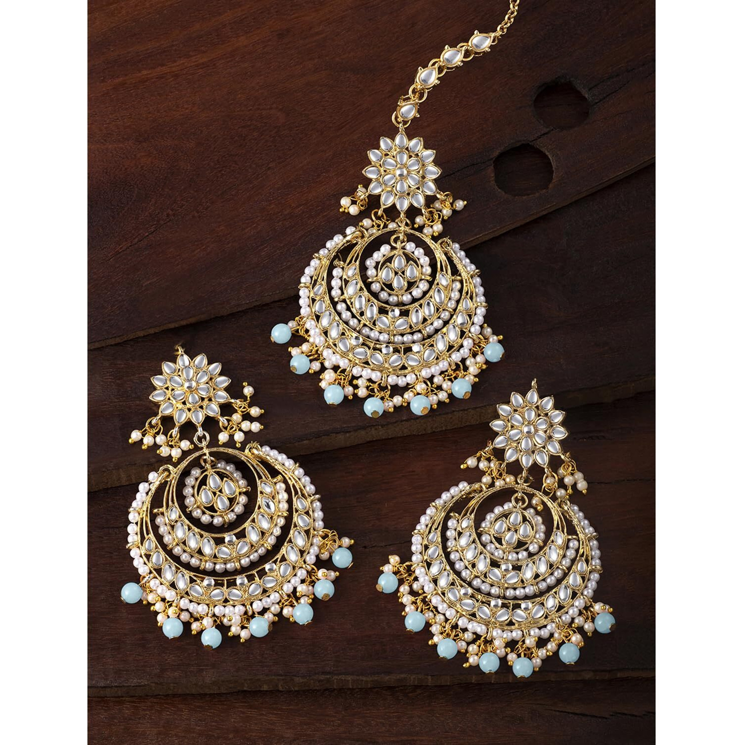 Peora Traditional Jewellery 18K Gold Plated Kundan & Pearl Maang Tikka Earring Set for Women Girls (Sky Blue)