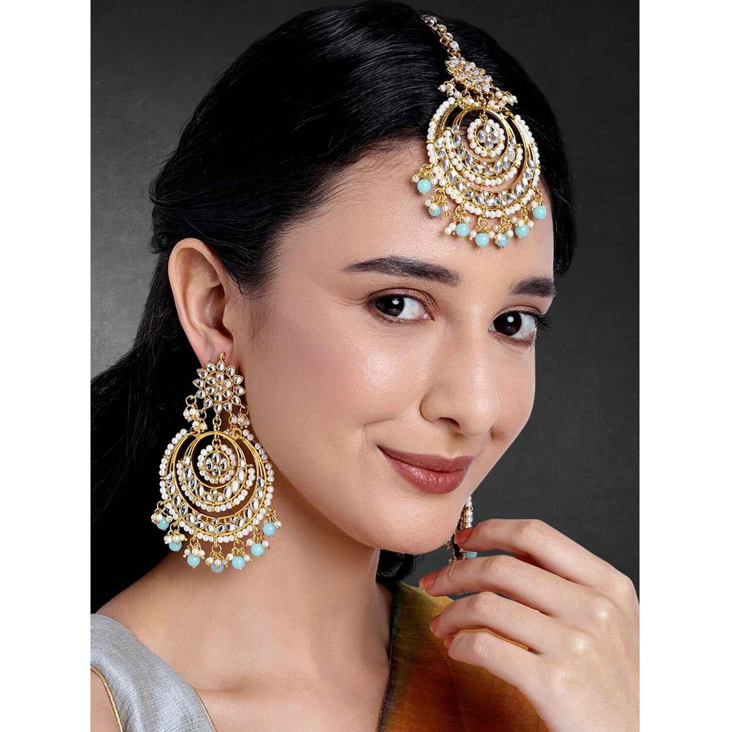 Peora Traditional Jewellery 18K Gold Plated Kundan & Pearl Maang Tikka Earring Set for Women Girls (Sky Blue)