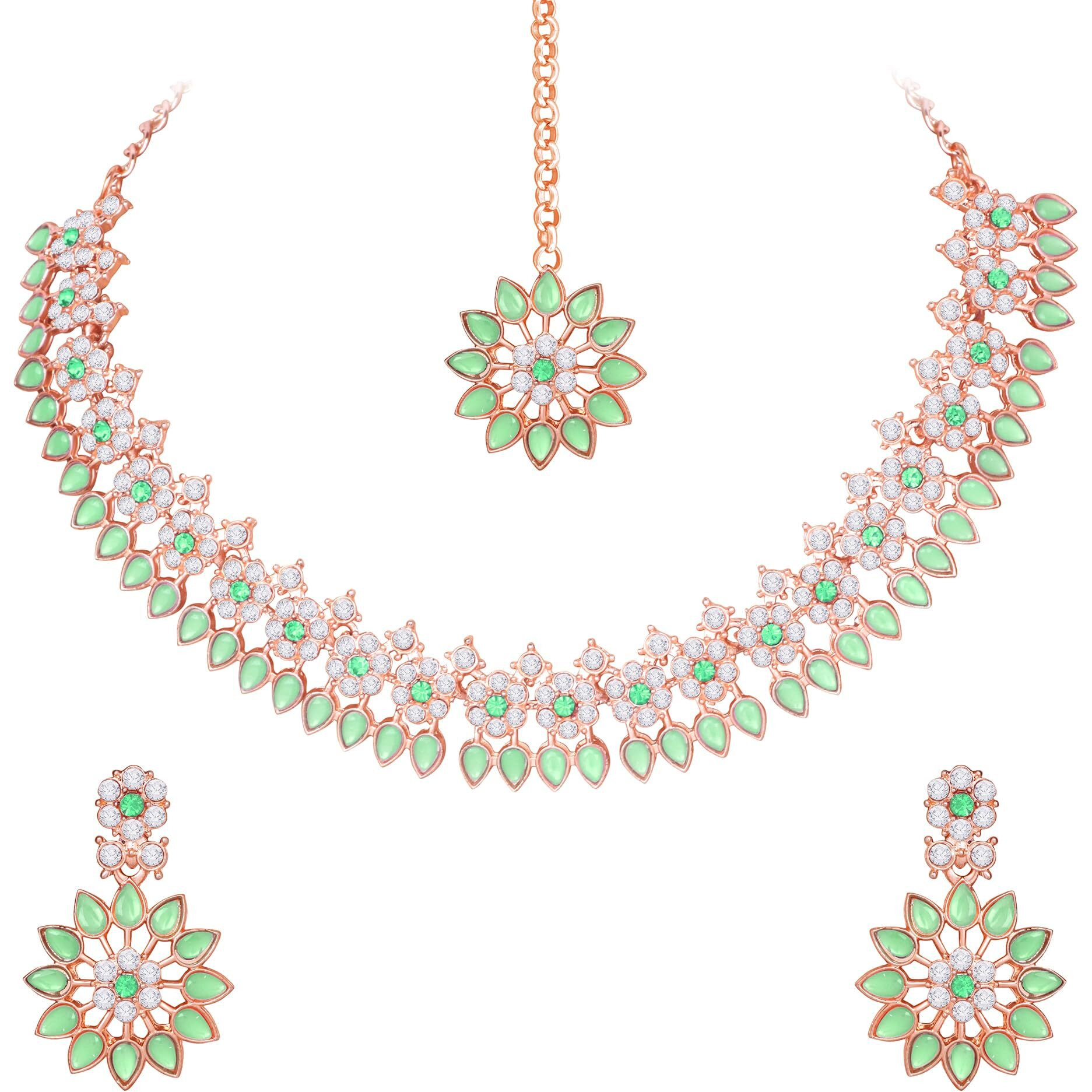 Atasi International Rose Gold Plated Mint Green Crystal Necklace with Earrings and Maang Tikka for Women - Jewellery Set for Party, Wedding, Engagement (LG5744)