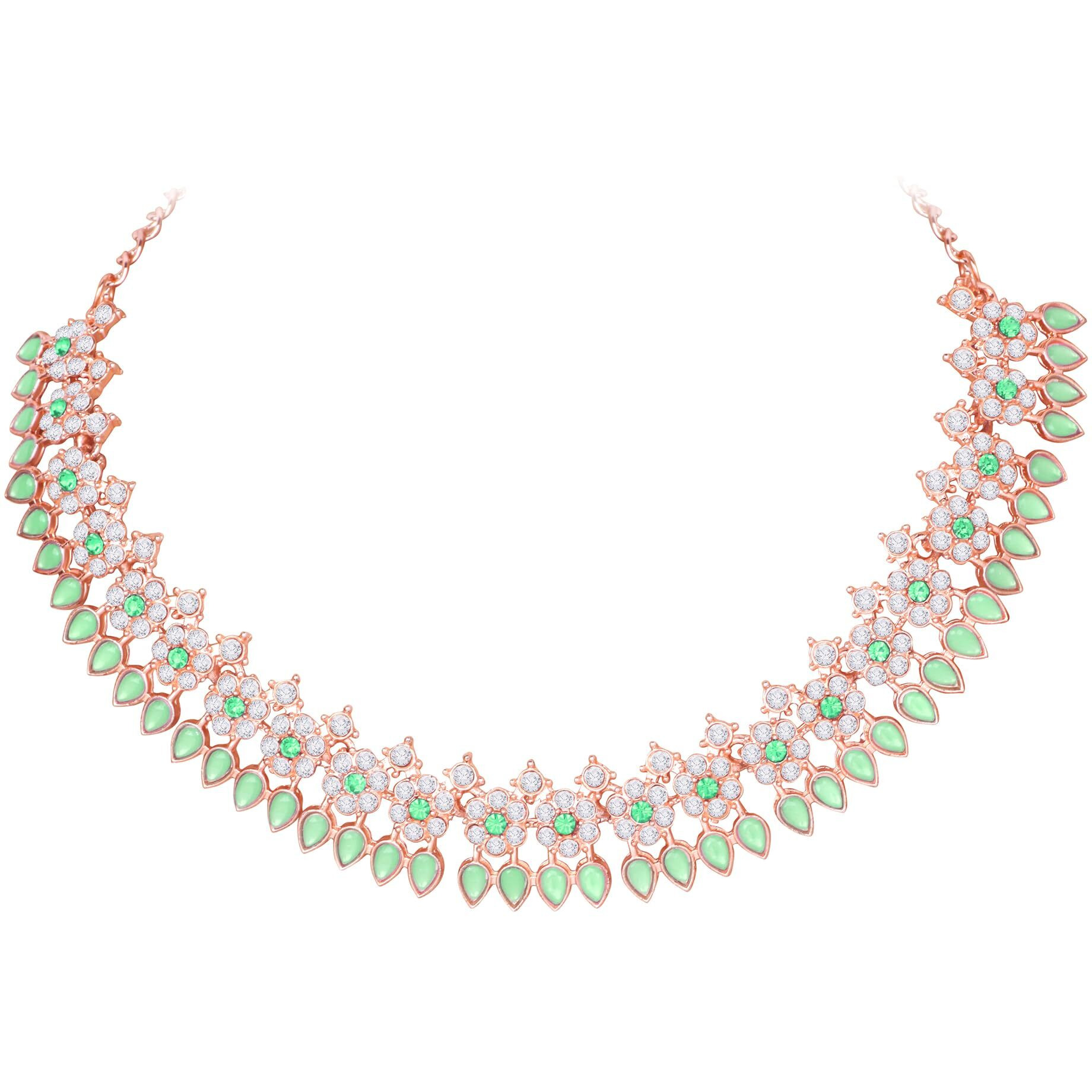 Atasi International Rose Gold Plated Mint Green Crystal Necklace with Earrings and Maang Tikka for Women - Jewellery Set for Party, Wedding, Engagement (LG5744)