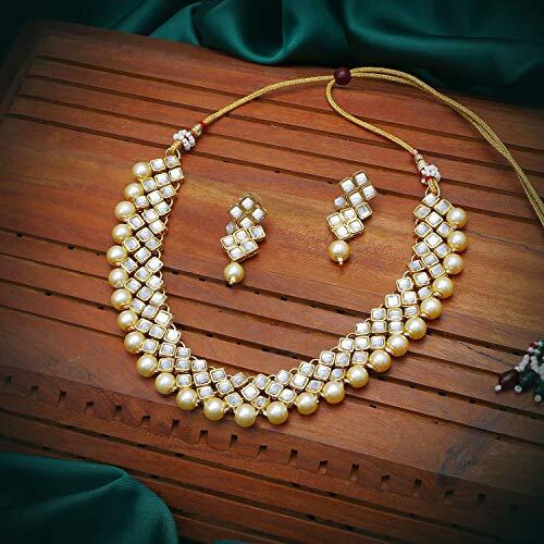 Sukkhi Glimmery Pearl Gold Plated Wedding Jewellery Kundan Choker Necklace Set for Women (N73523_D1)