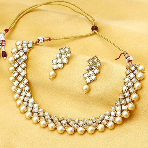 Sukkhi Glimmery Pearl Gold Plated Wedding Jewellery Kundan Choker Necklace Set for Women (N73523_D1)