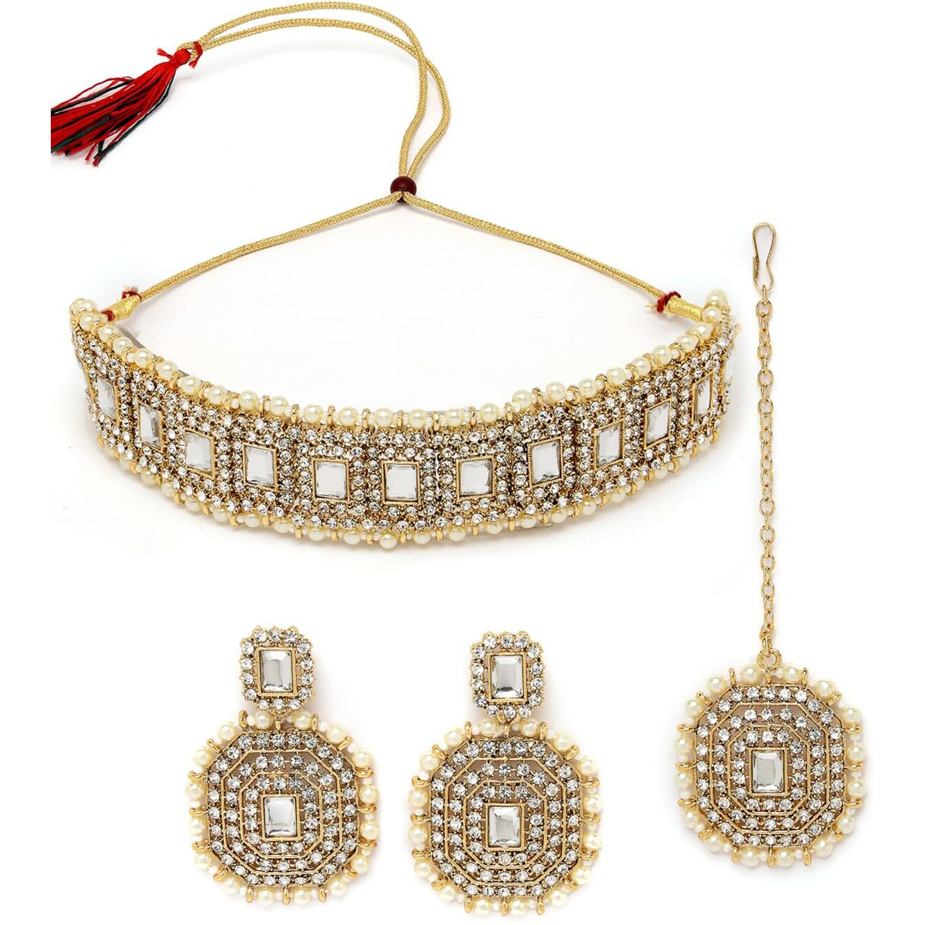 Sukkhi Decent Traditional White Kundan & Beads Choker Necklace Set With Earring And Maangtika | Jewellery Set For Women (NS105593)