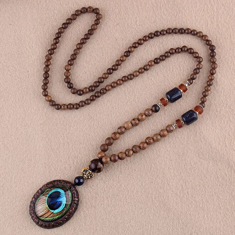 Moira Handmade bead necklace tassel necklace pendant 28 inch Bohemian Fashion for Men & Women (Peacock Feather)