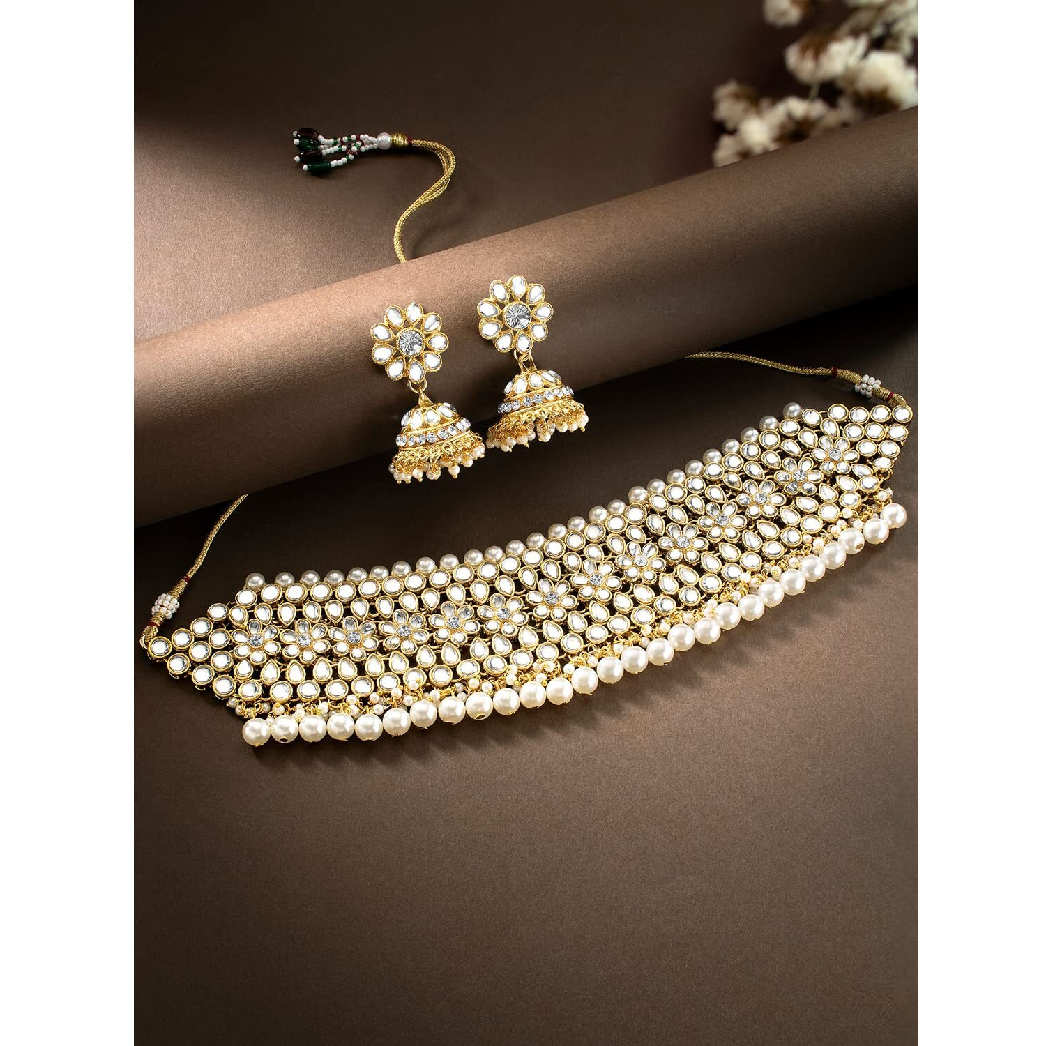 Peora Wedding Kundan Faux Pearl Choker Necklace Earring Traditional Jewellery Set for Women