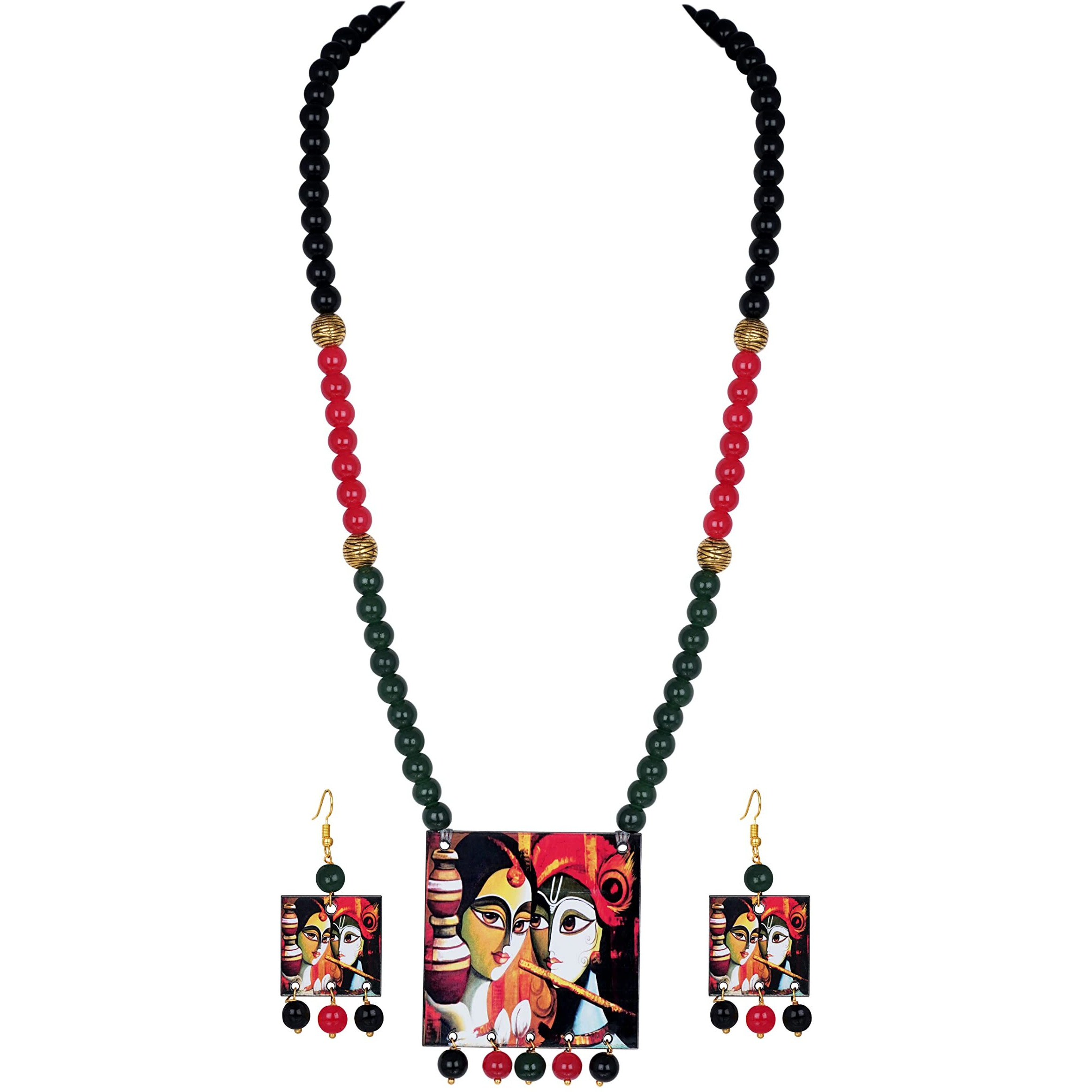 JFL - Jewellery for Less Classic Radha & Krishna Pendant with Beaded Handcraft Necklace and Dangler Earrings for Women and Girls (Green, Red, Black),Valentine