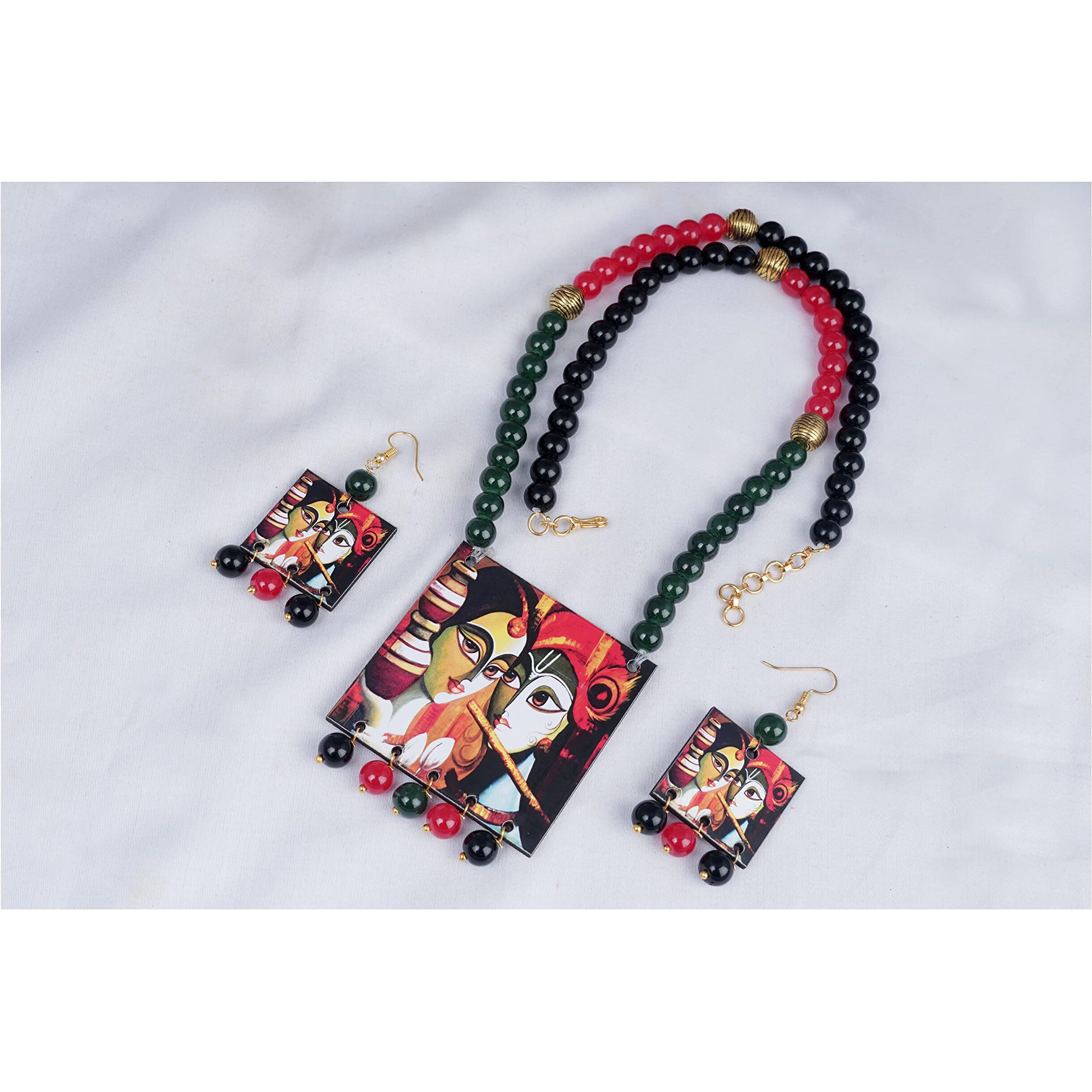 JFL - Jewellery for Less Classic Radha & Krishna Pendant with Beaded Handcraft Necklace and Dangler Earrings for Women and Girls (Green, Red, Black),Valentine