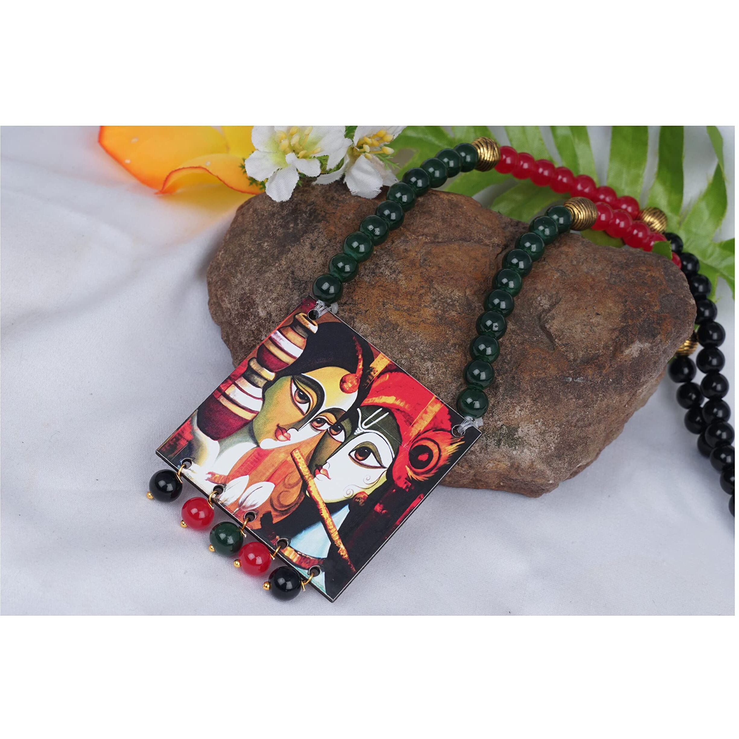 JFL - Jewellery for Less Classic Radha & Krishna Pendant with Beaded Handcraft Necklace and Dangler Earrings for Women and Girls (Green, Red, Black),Valentine