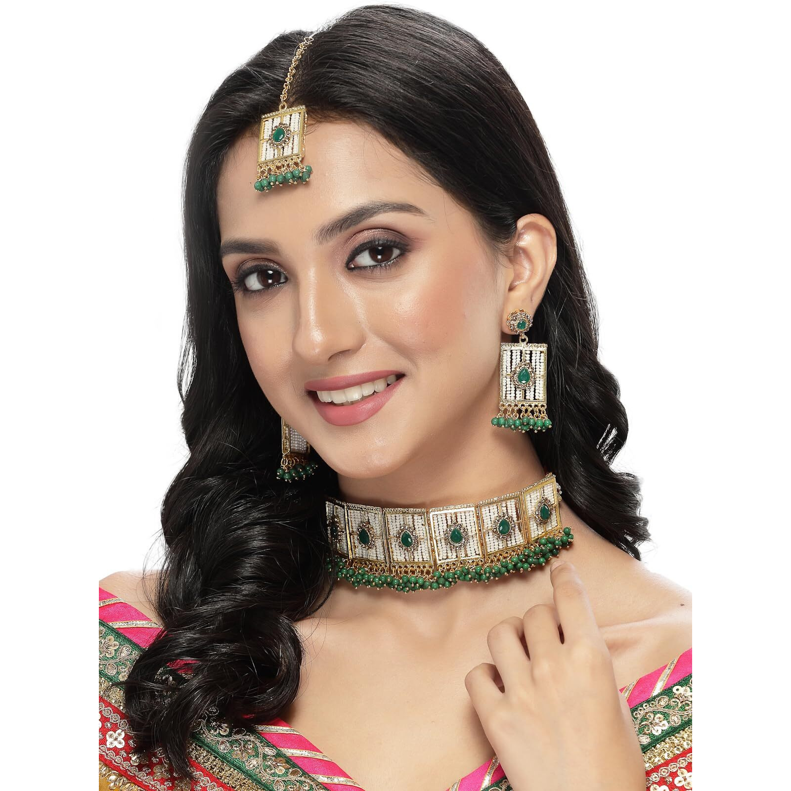 Sukkhi Beautiful Squared Shaped Green Beads With Gold Plated Choker Necklace Set With Earring And Maangtika | Jewellery Set For Women (NS105497)