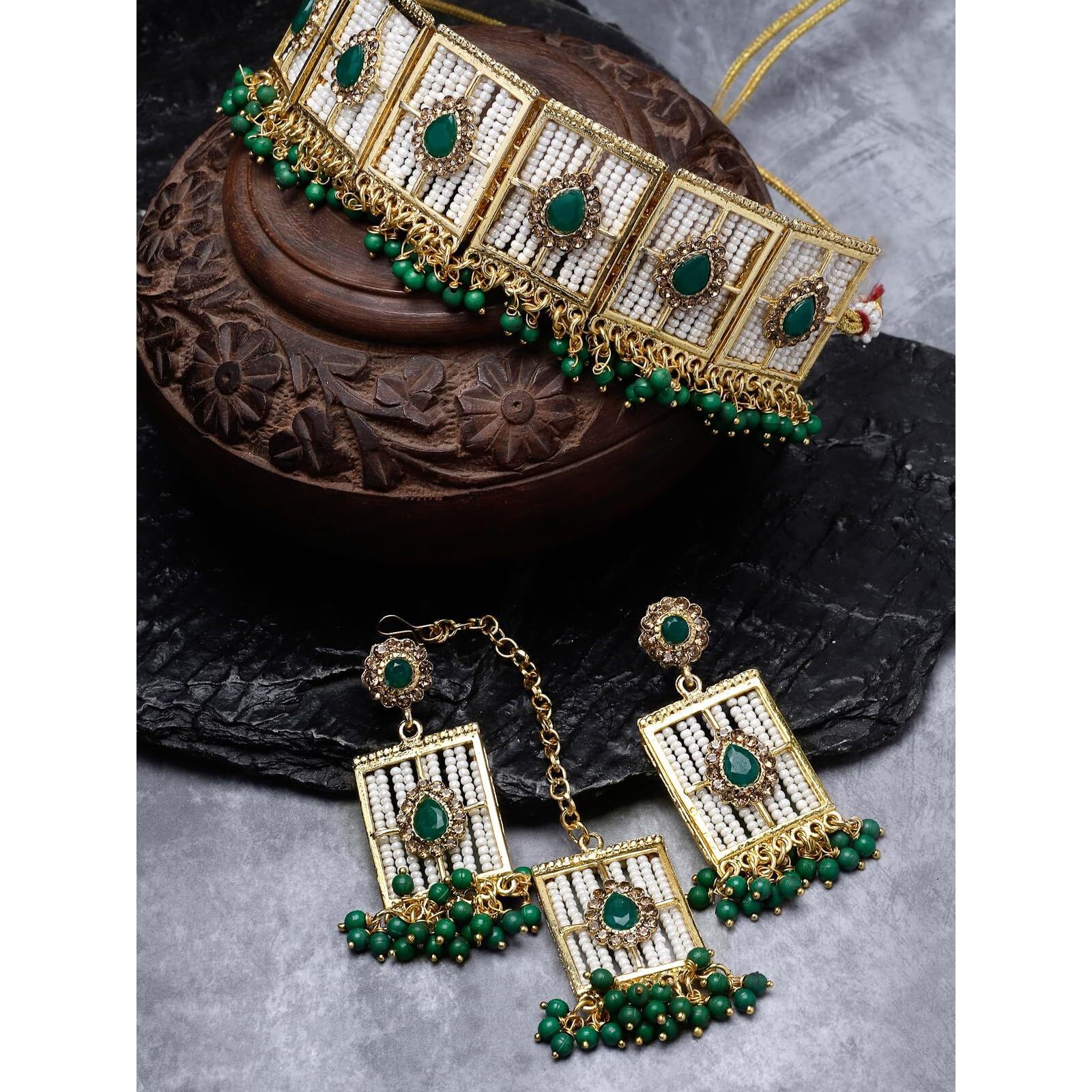 Sukkhi Beautiful Squared Shaped Green Beads With Gold Plated Choker Necklace Set With Earring And Maangtika | Jewellery Set For Women (NS105497)