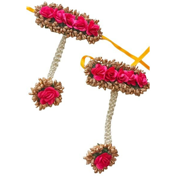 CIYA PLUS Flower Bracelets with Attached finger Rings(adjustable). 2 Items Hand Jewelry Set For Women. (Pink & Golden)