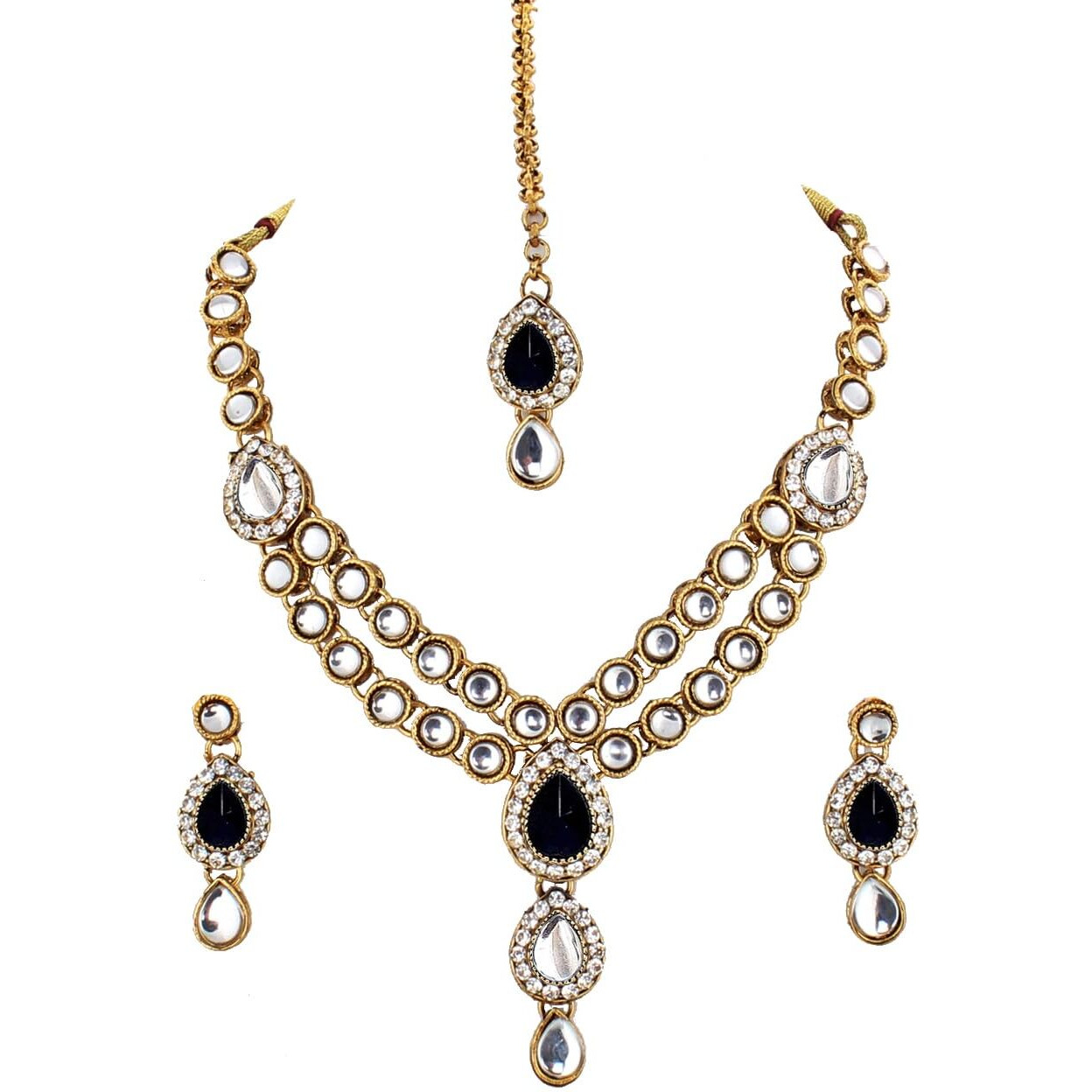 Lucky Jewellery Black Gold Plated Kundan Jewellery Set for Women (MSK-2-LINE-BLACK)