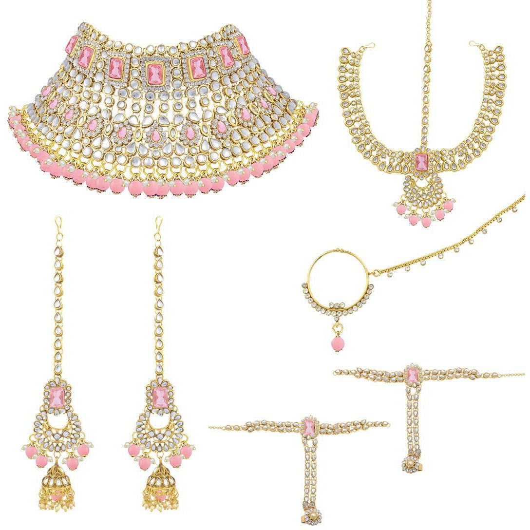 Peora 18K Gold Plated Jodha Akbar Choker Necklace Earrings Maangtikka Haathphool Nathiya Bridal Ethnic Jewellery Set Women