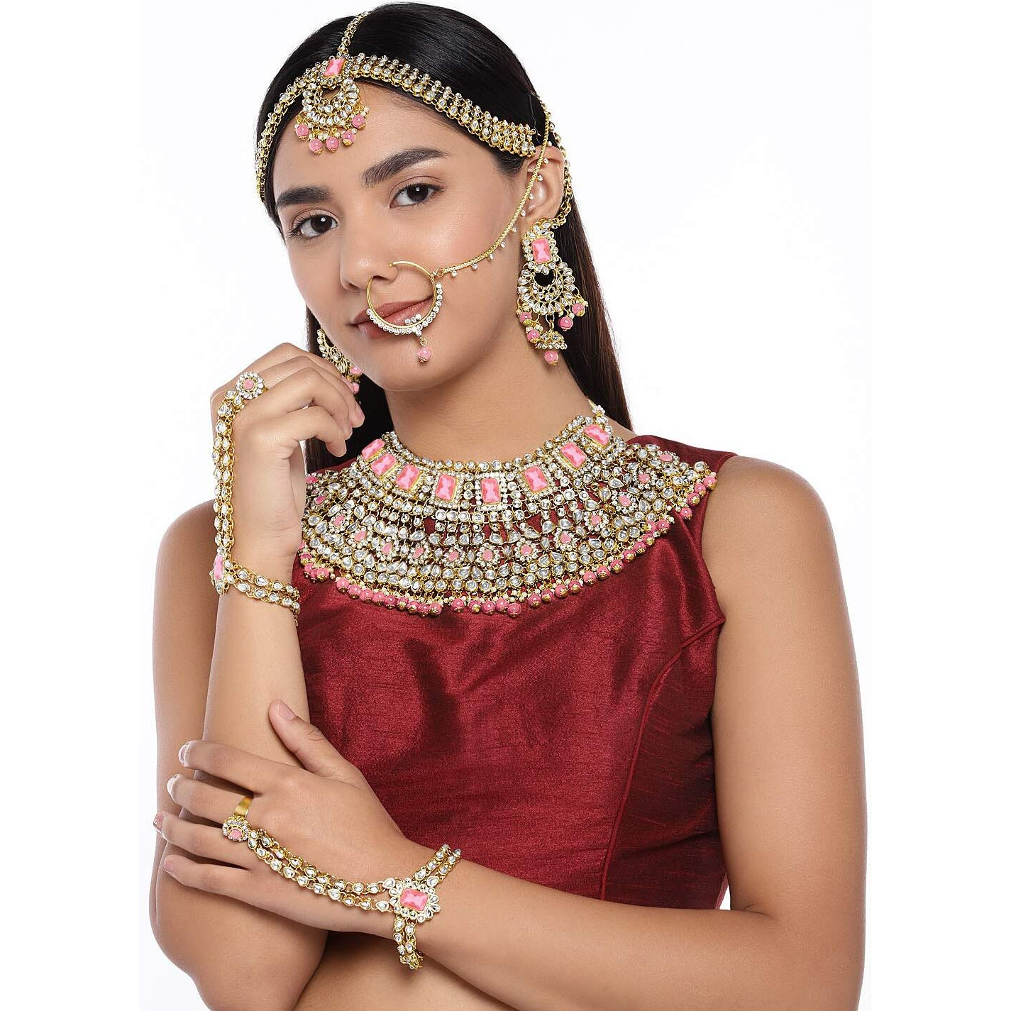 Peora 18K Gold Plated Jodha Akbar Choker Necklace Earrings Maangtikka Haathphool Nathiya Bridal Ethnic Jewellery Set Women