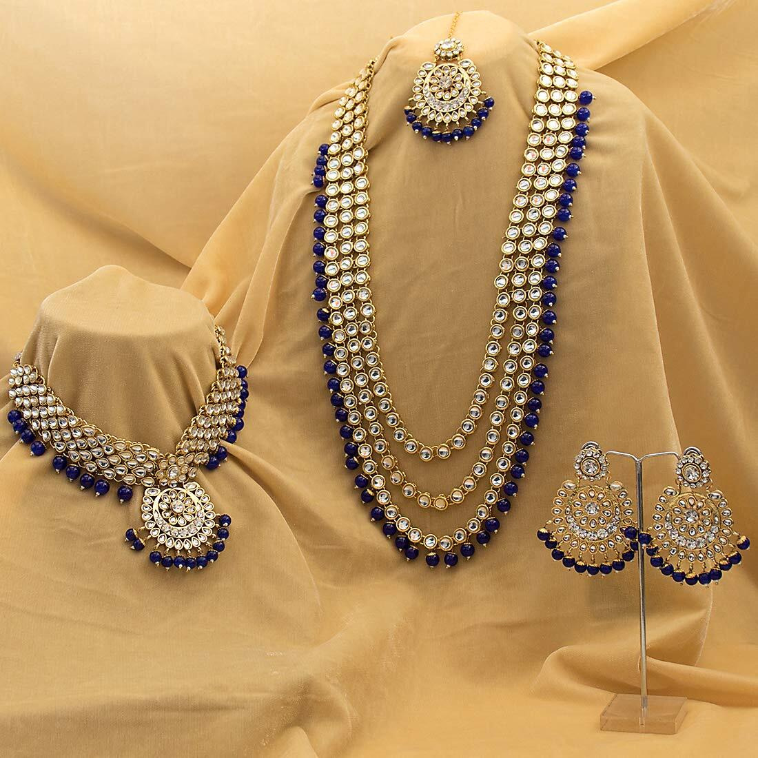 Peora 18K Gold Plated Kundan Faux Bead Bridal Necklace Jewellery Set for Women Girls