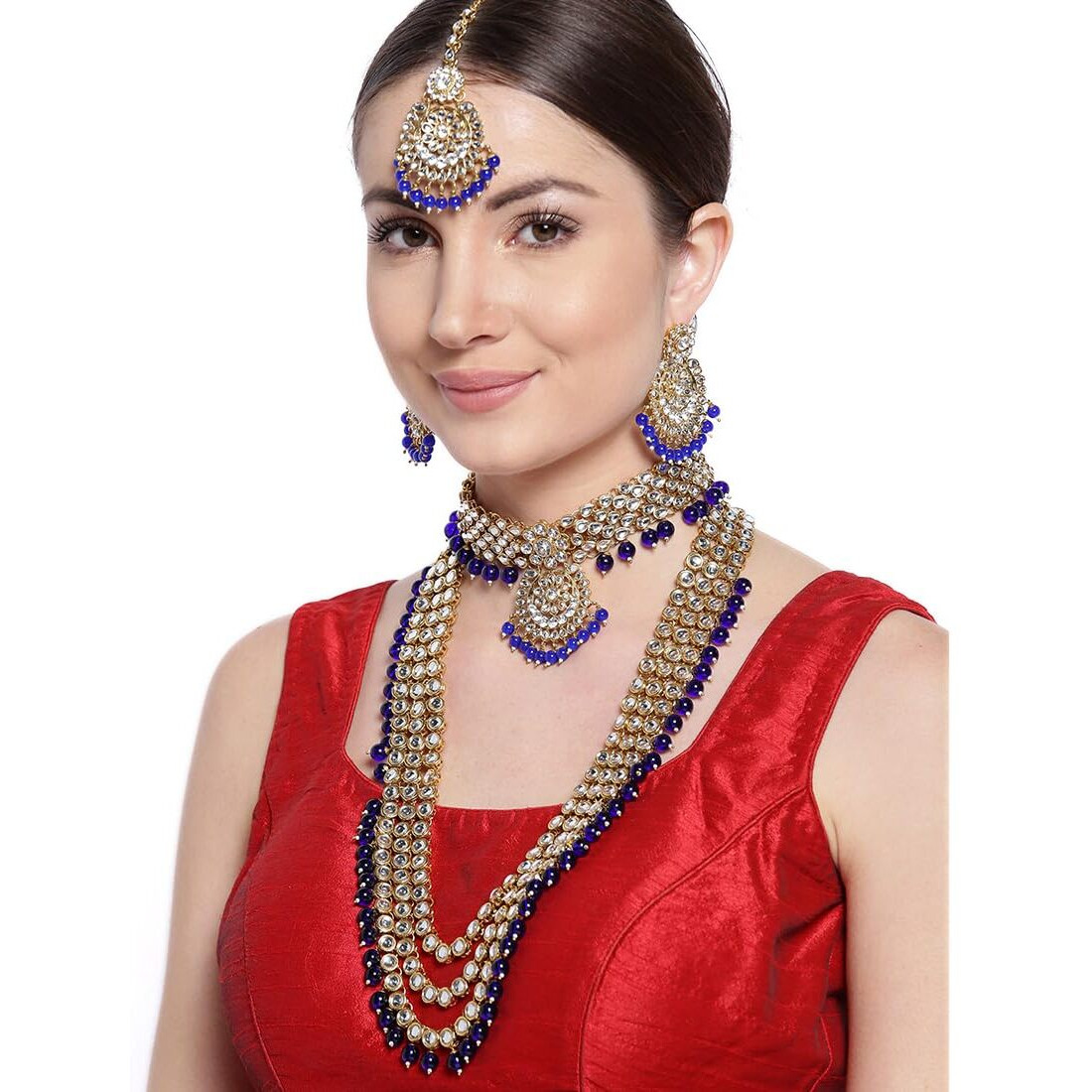 Peora 18K Gold Plated Kundan Faux Bead Bridal Necklace Jewellery Set for Women Girls