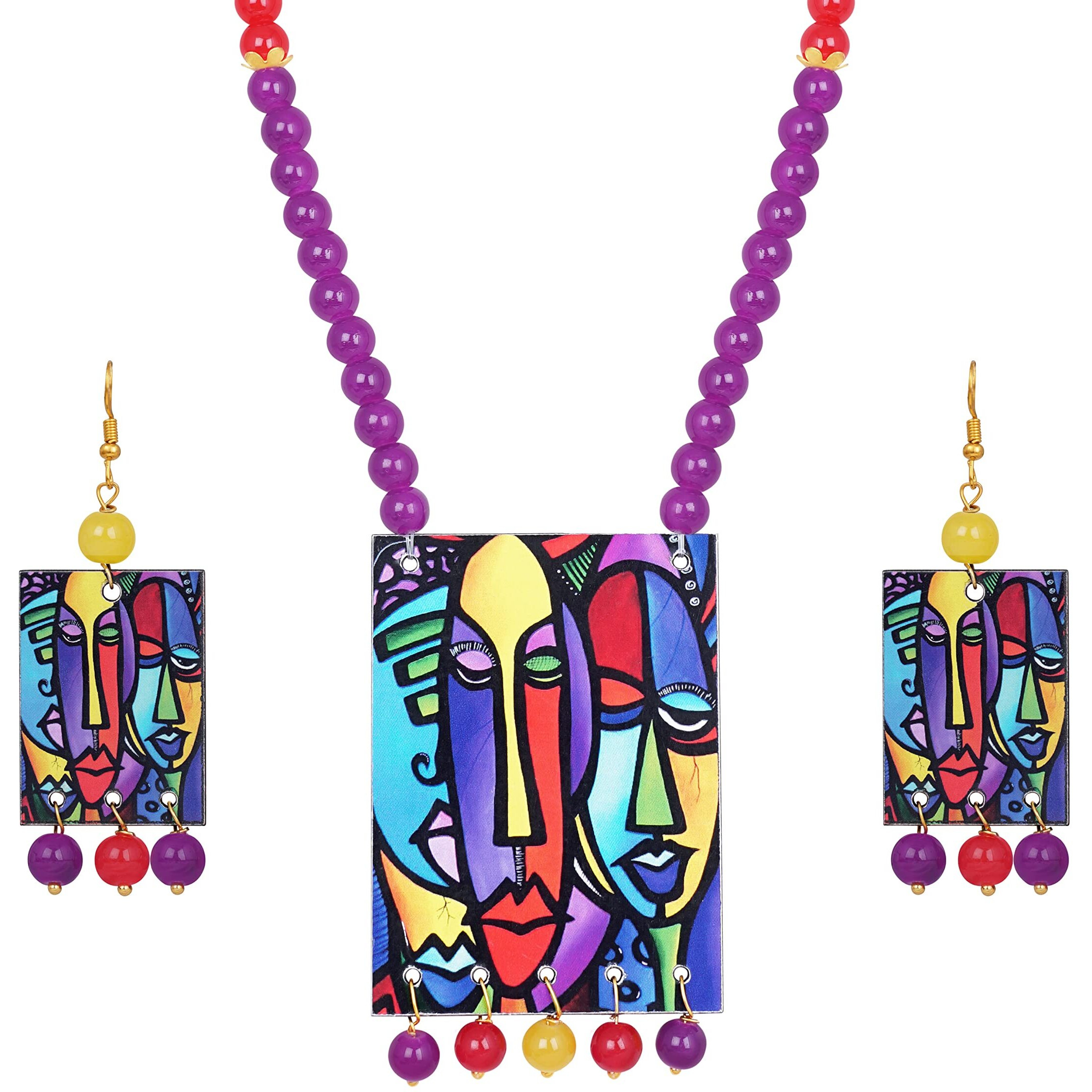 JFL - Jewellery for Less Beautiful Warli Painting Faces Pendant with Multicolor Beaded Handcraft Necklace Set for Women and Girls. (Purple, Red, Yellow),Valentine