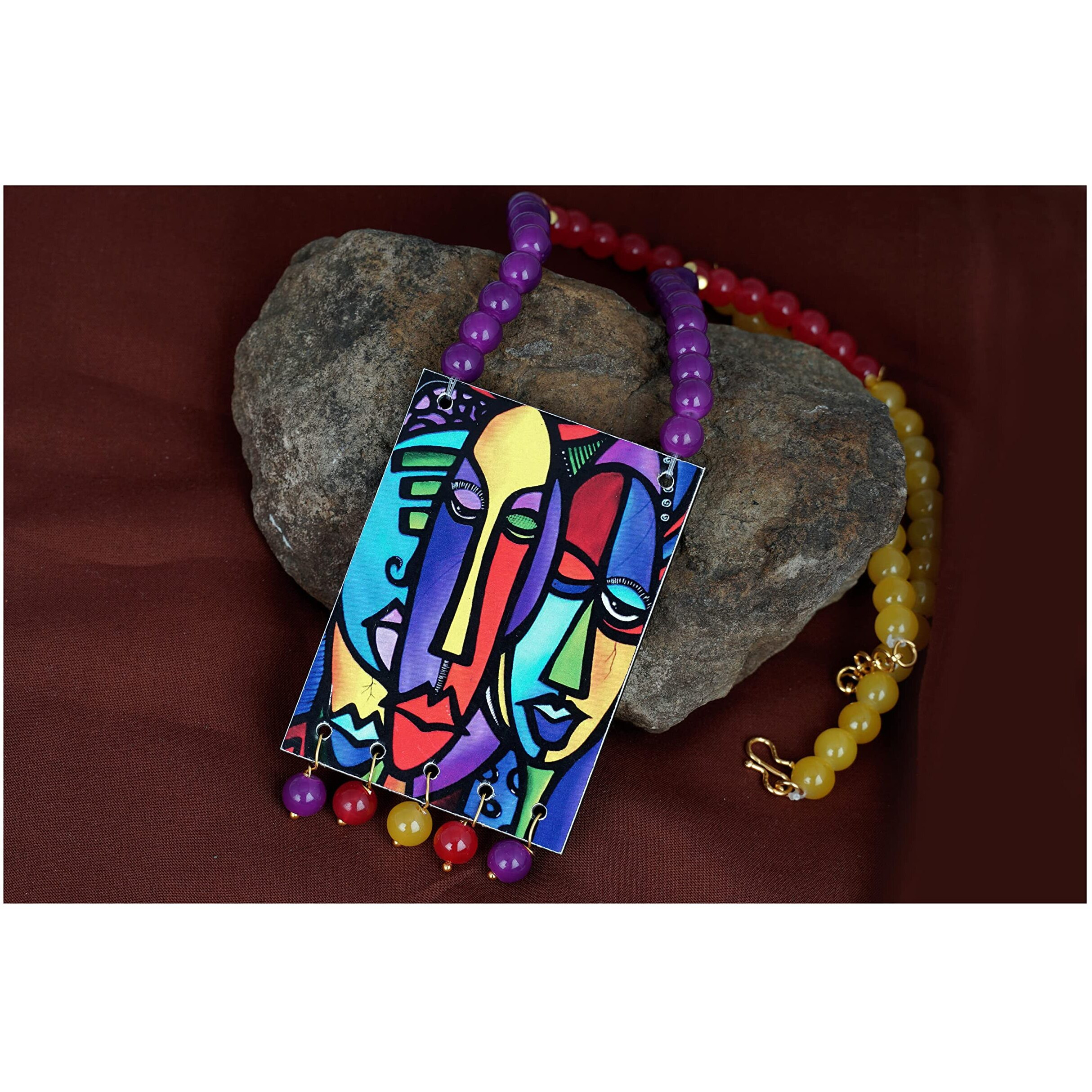 JFL - Jewellery for Less Beautiful Warli Painting Faces Pendant with Multicolor Beaded Handcraft Necklace Set for Women and Girls. (Purple, Red, Yellow),Valentine