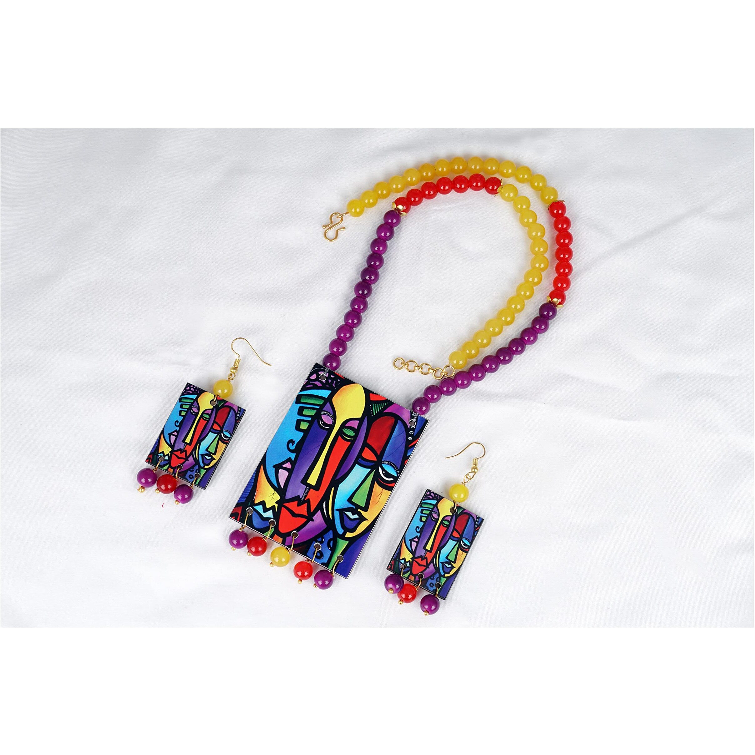 JFL - Jewellery for Less Beautiful Warli Painting Faces Pendant with Multicolor Beaded Handcraft Necklace Set for Women and Girls. (Purple, Red, Yellow),Valentine