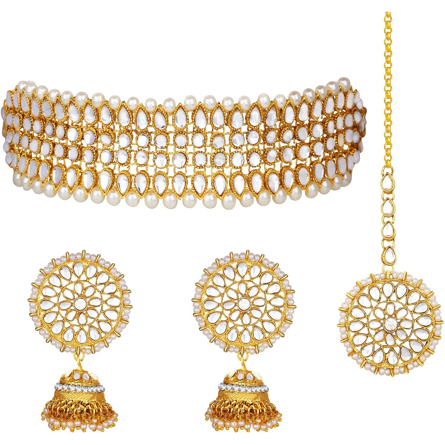 Peora Gold Plated Traditional Kundan Brass Alloy Pearl Choker Necklace with Earring Maang Tikka Jewellery Set for Women Girls