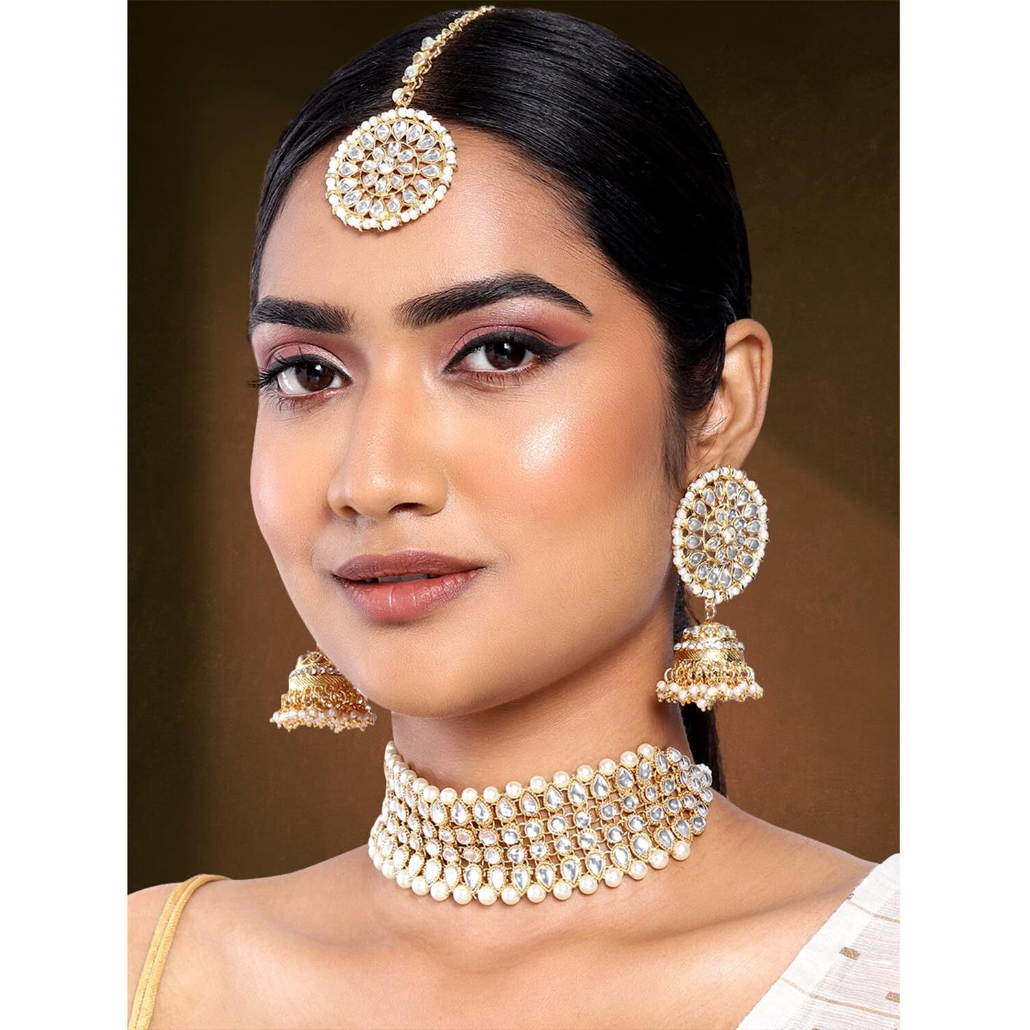 Peora Gold Plated Traditional Kundan Brass Alloy Pearl Choker Necklace with Earring Maang Tikka Jewellery Set for Women Girls