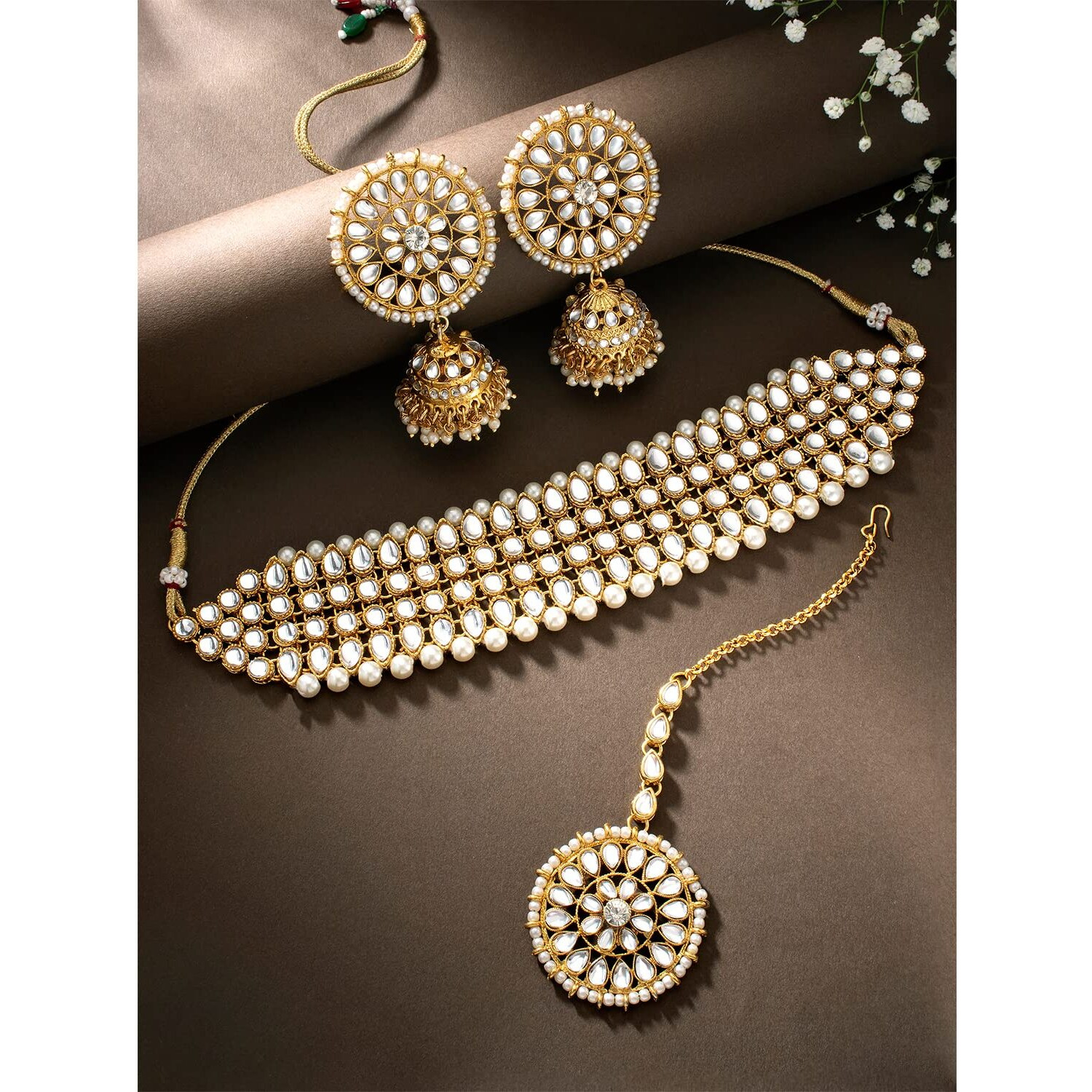 Peora Gold Plated Traditional Kundan Brass Alloy Pearl Choker Necklace with Earring Maang Tikka Jewellery Set for Women Girls