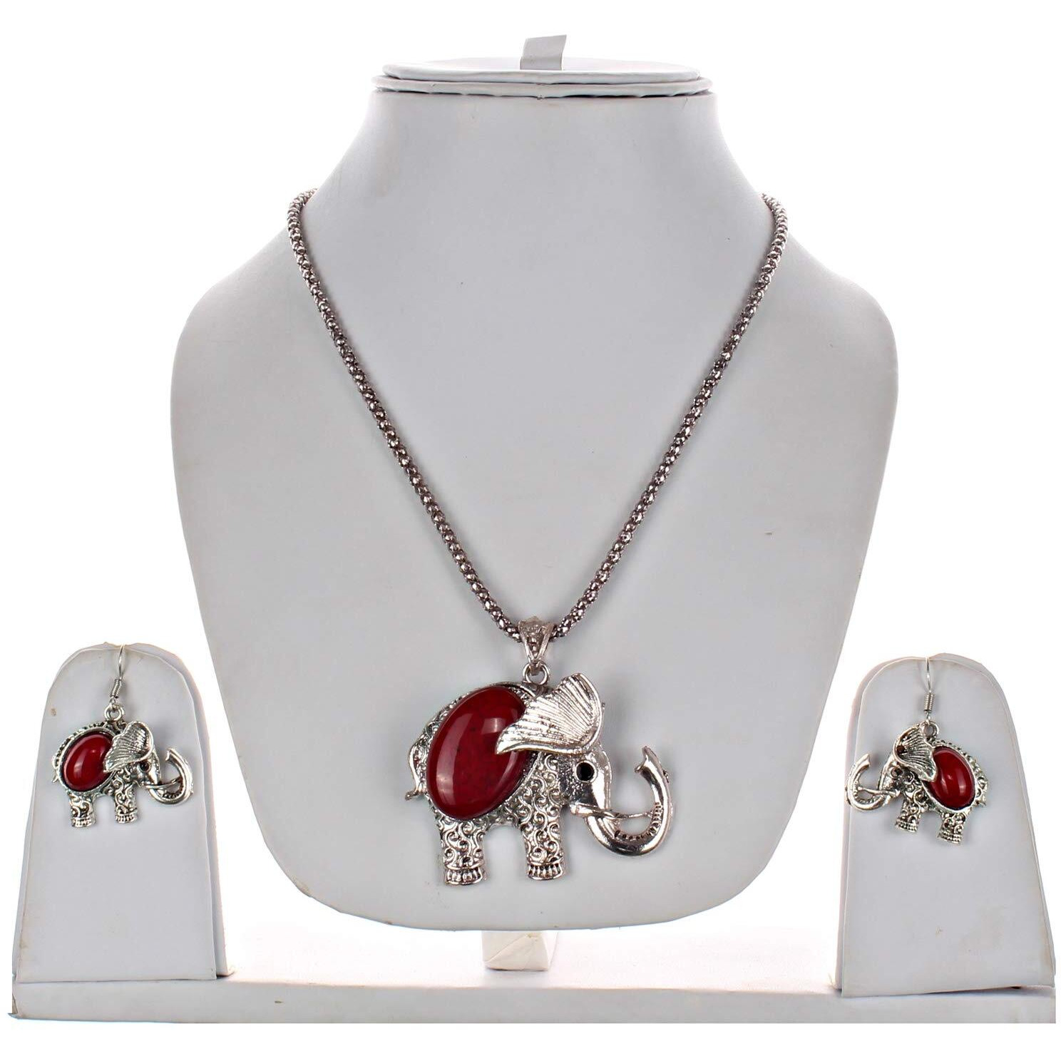 Lucky Jewellery Designer Oxidised German Silver Plated Red Color Elephant Design Navratri Garba Jewelry Pendant Locket Set With Matching Earring Girls & Women (175-CHL1O-LJ633-RED-S)