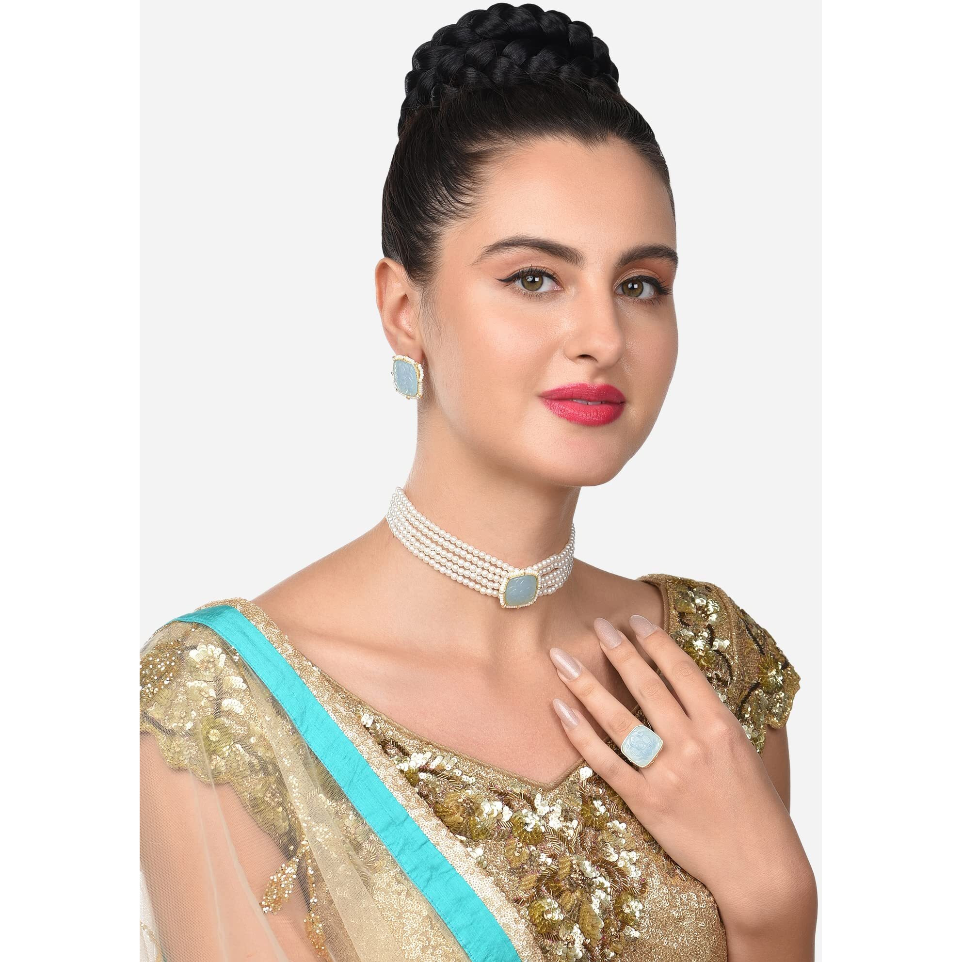 ZAVERI PEARLS Grey Stones Multistrand Pearls Choker Necklace Earring & Ring Set For Women-ZPFK14819