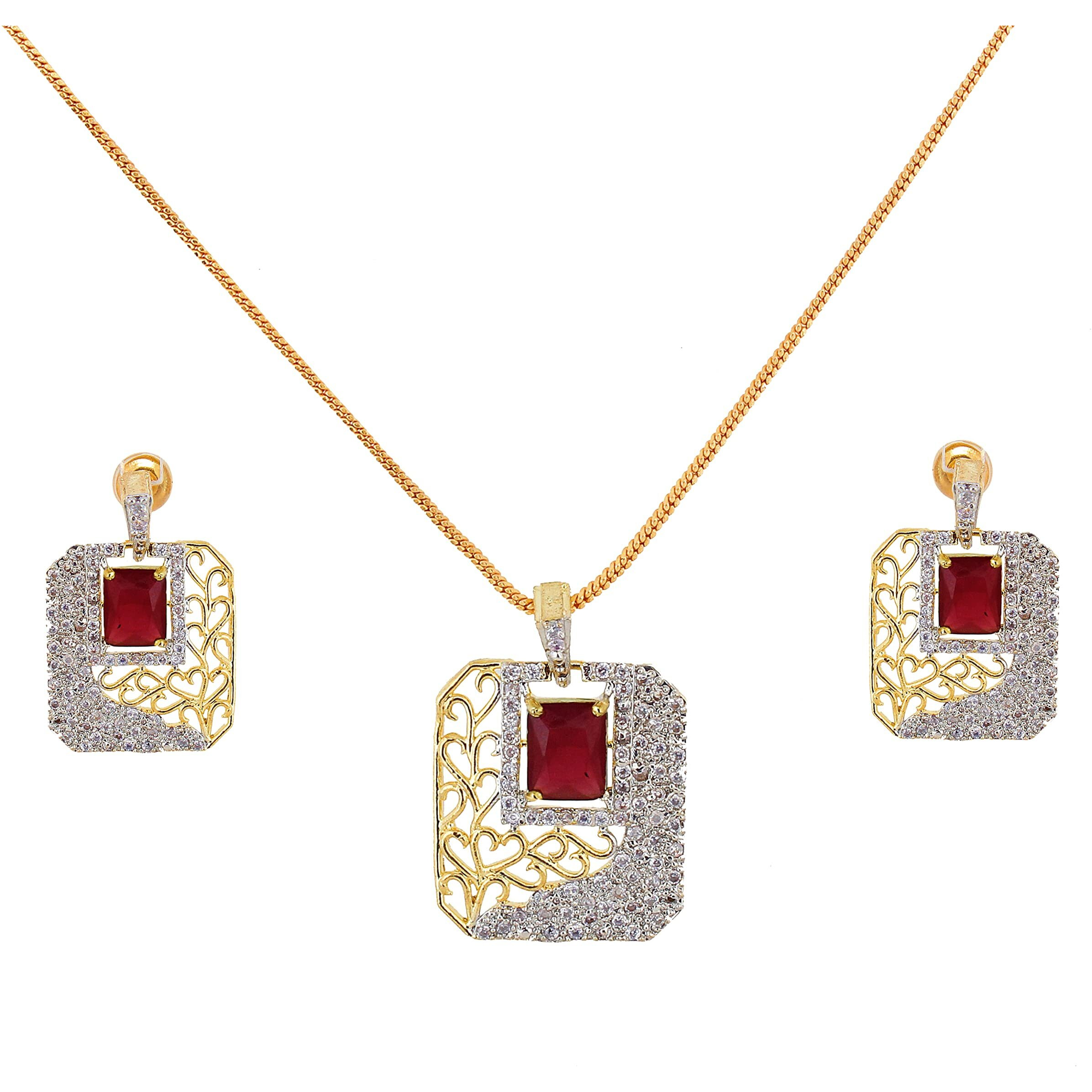 Lucky Jewellery 18K Gold Plated American Diamond (AD) White Color Combo Pendant Set with Earring, Bracelet, & Ring for Girls & Women (575-P4SA-1554-M)