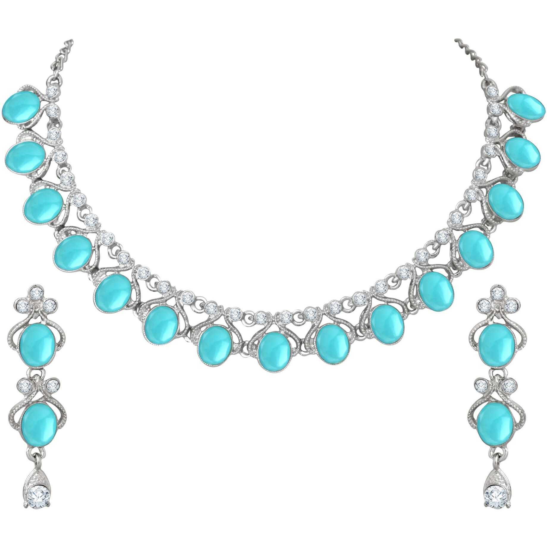 Atasi International Mint Blue Silver Plated Crystal Necklace Jewellery Set with Earrings for Women Ideal for Party, Wedding, Festivals (RMB5706)