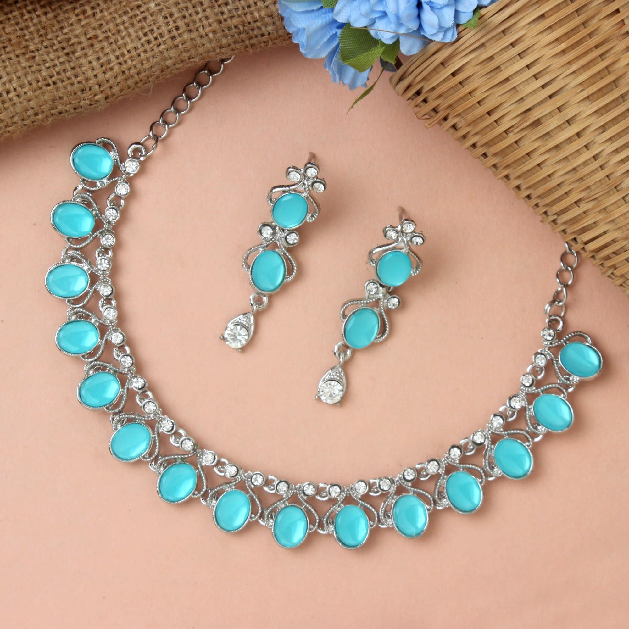 Atasi International Mint Blue Silver Plated Crystal Necklace Jewellery Set with Earrings for Women Ideal for Party, Wedding, Festivals (RMB5706)