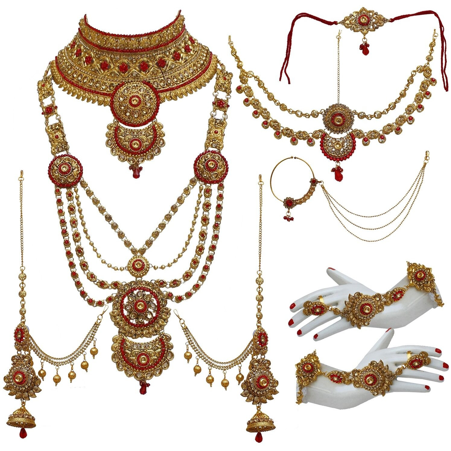 Lucky Jewellery Alloy Gold Plated Jewellery Set for Women (3960-P3ZR-232-LCT-RED)