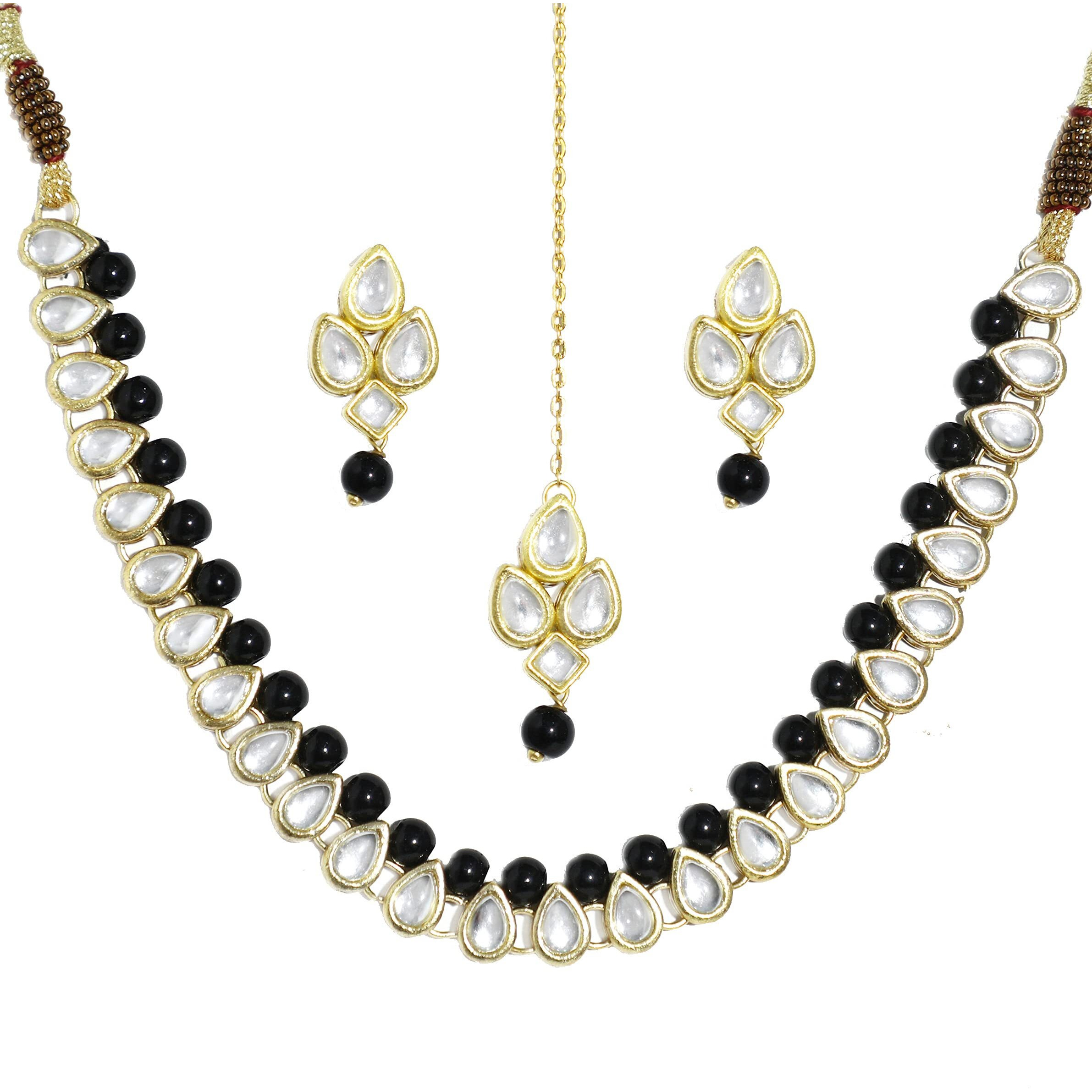 Karatcart Gold-Plated Handcrafted Kundan & Black Beads Studded Choker Necklace Set For Womens