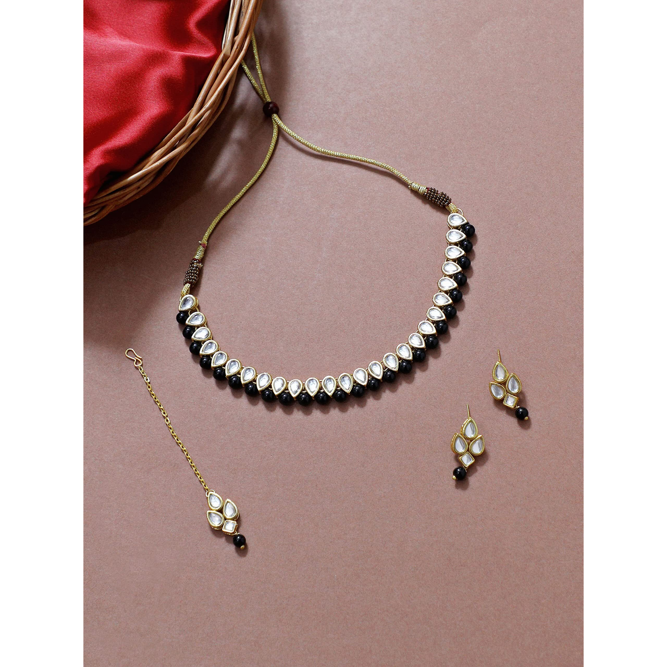 Karatcart Gold-Plated Handcrafted Kundan & Black Beads Studded Choker Necklace Set For Womens