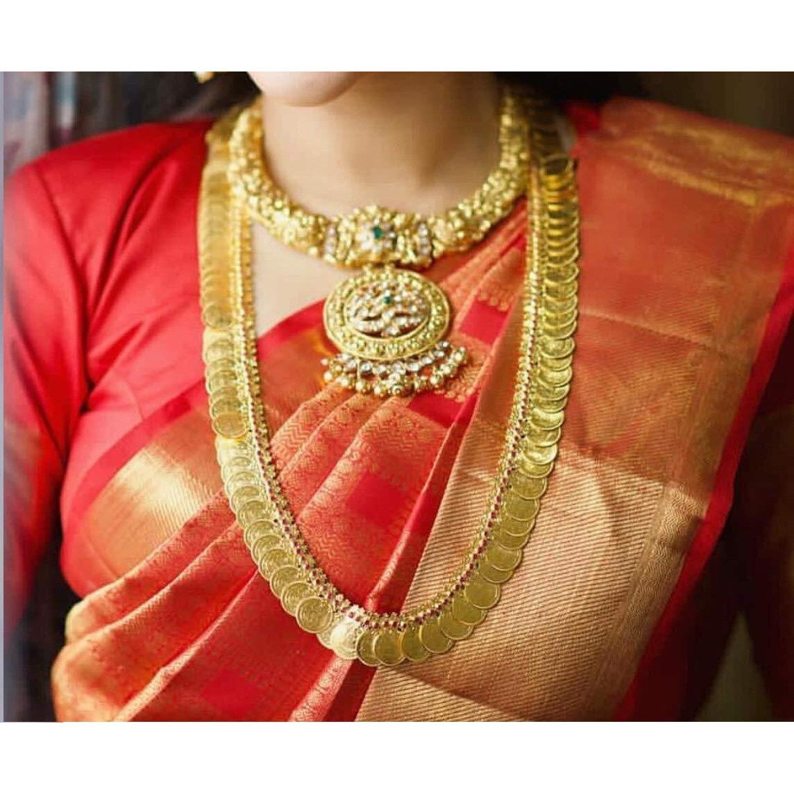 VAMA FASHIONS Traditional South Indian Goddess Laxmi Haar Temple Jewellery Mahalakshmi kasulaperu Lakshmi Necklace Set for Women (temple jewellery set)