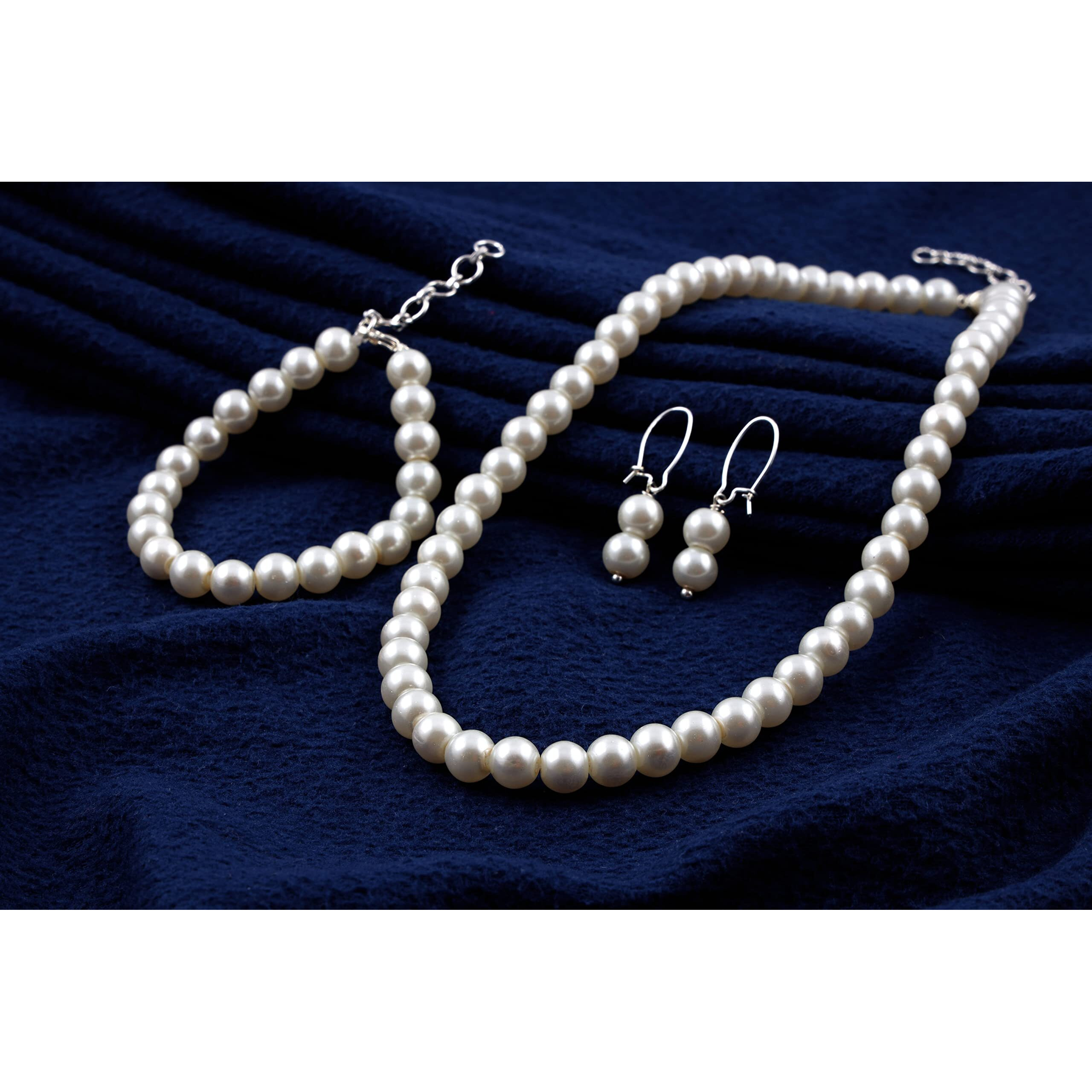 JFL - Jewellery for Less Combo Imitation 8mm Off White Round Pearl Necklace Set Moti Mala Pearl Set With Earrings,Bracelet Handcrafted (Off White),Valentine