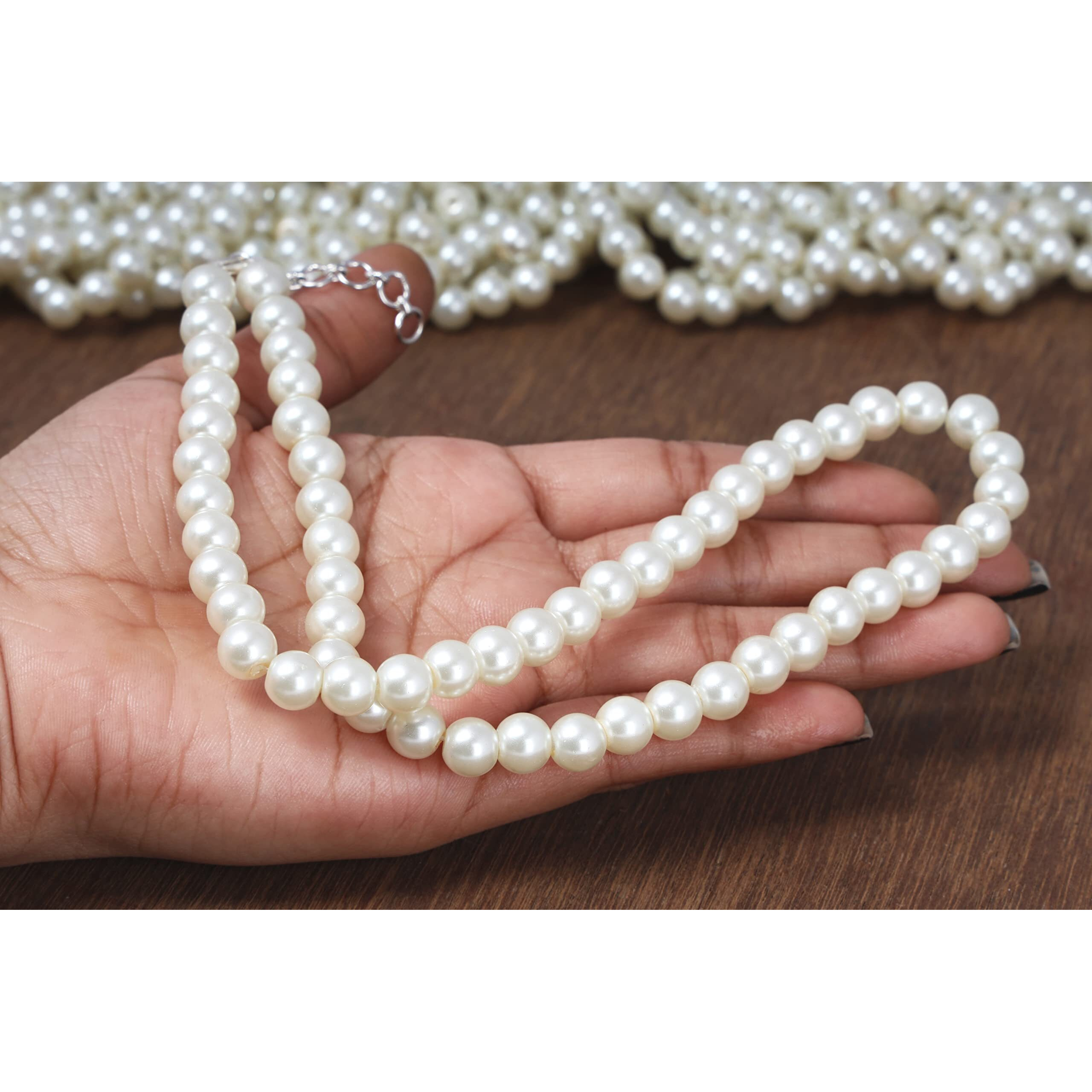 JFL - Jewellery for Less Combo Imitation 8mm Off White Round Pearl Necklace Set Moti Mala Pearl Set With Earrings,Bracelet Handcrafted (Off White),Valentine