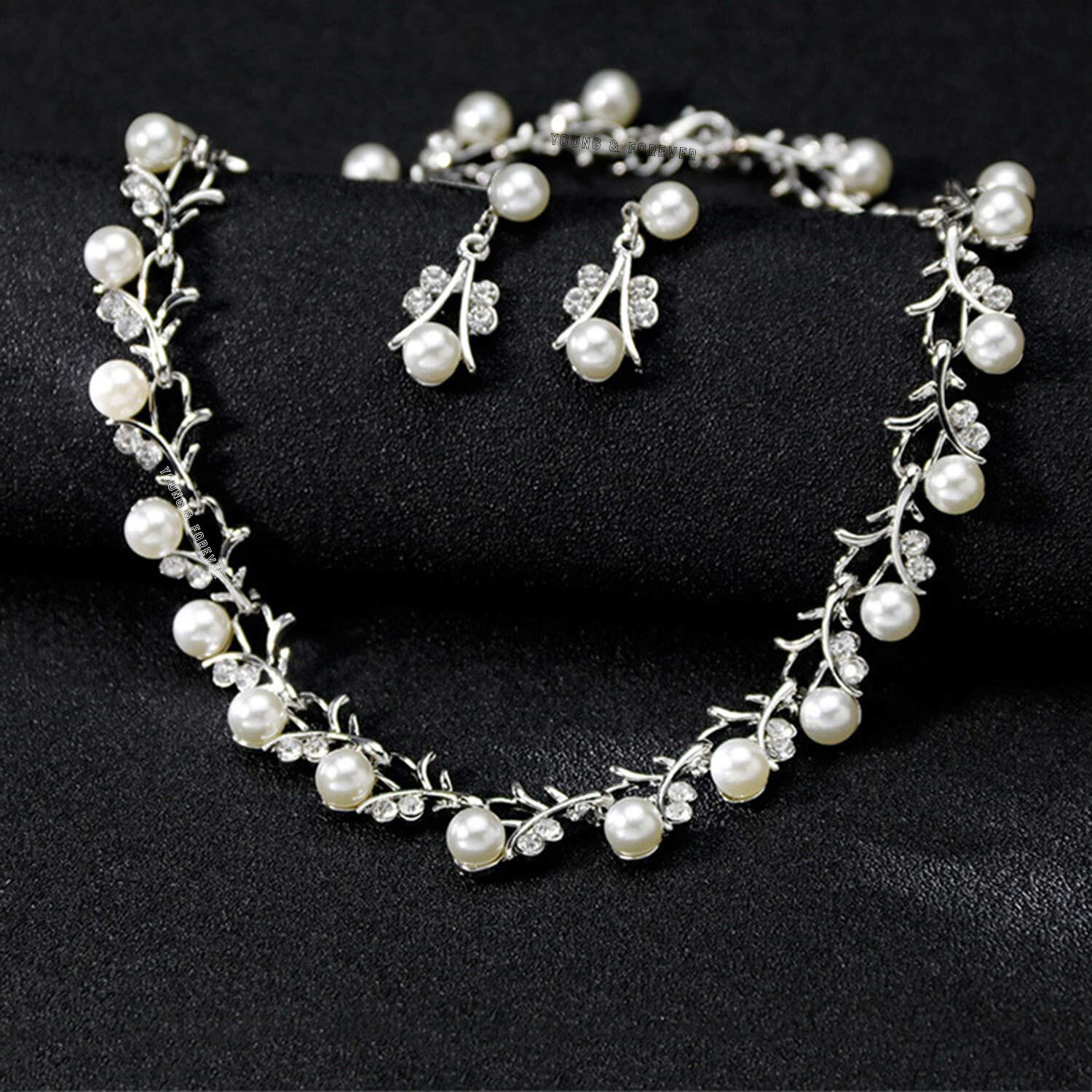 Young & Forever Gift Silver Fresh Water Pearl Earrings Bracelet Necklace Jewellery Set for Women