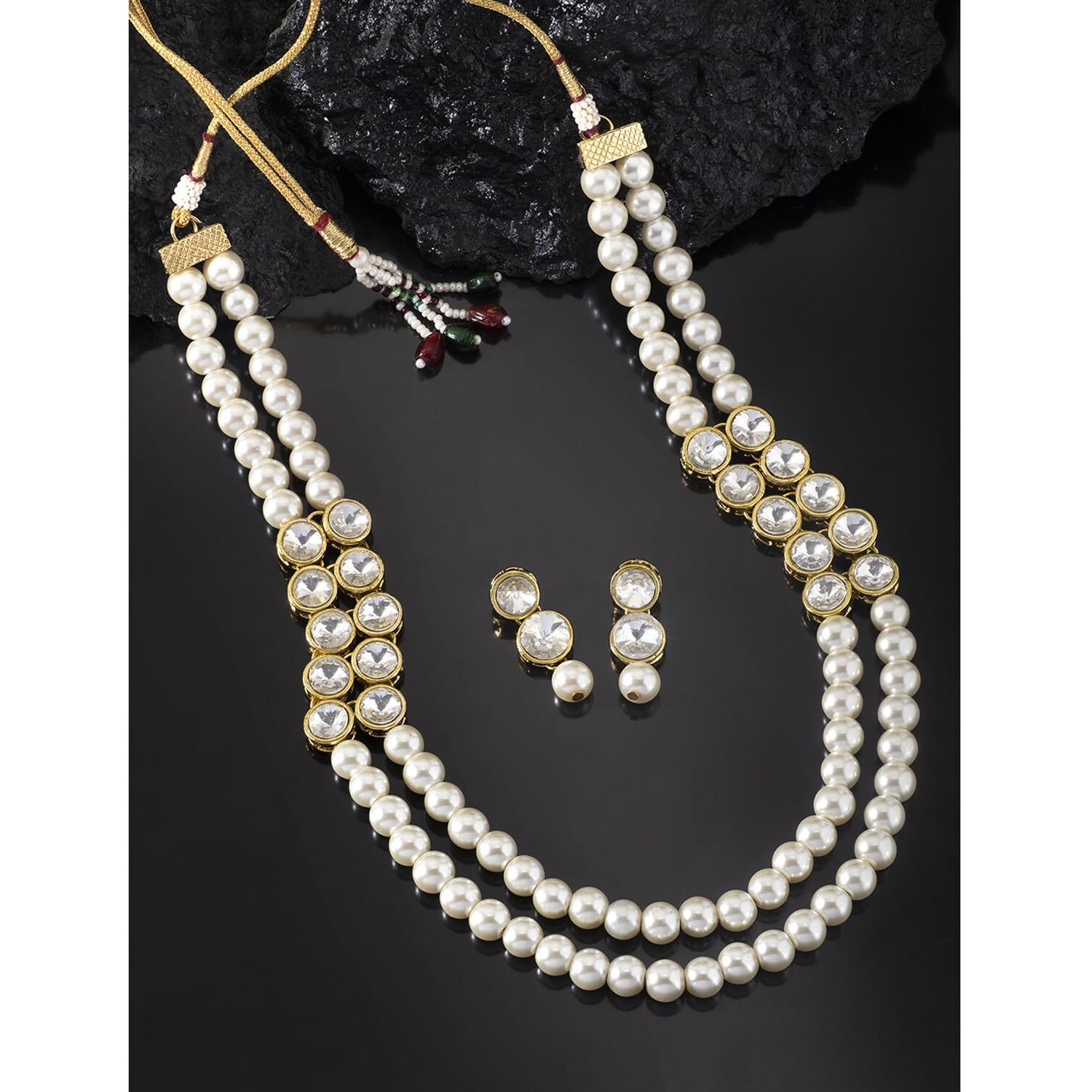 Peora Gold Plated Crystal Pearl Long Necklace with Earring Traditional Jewellery Set for Women Girls