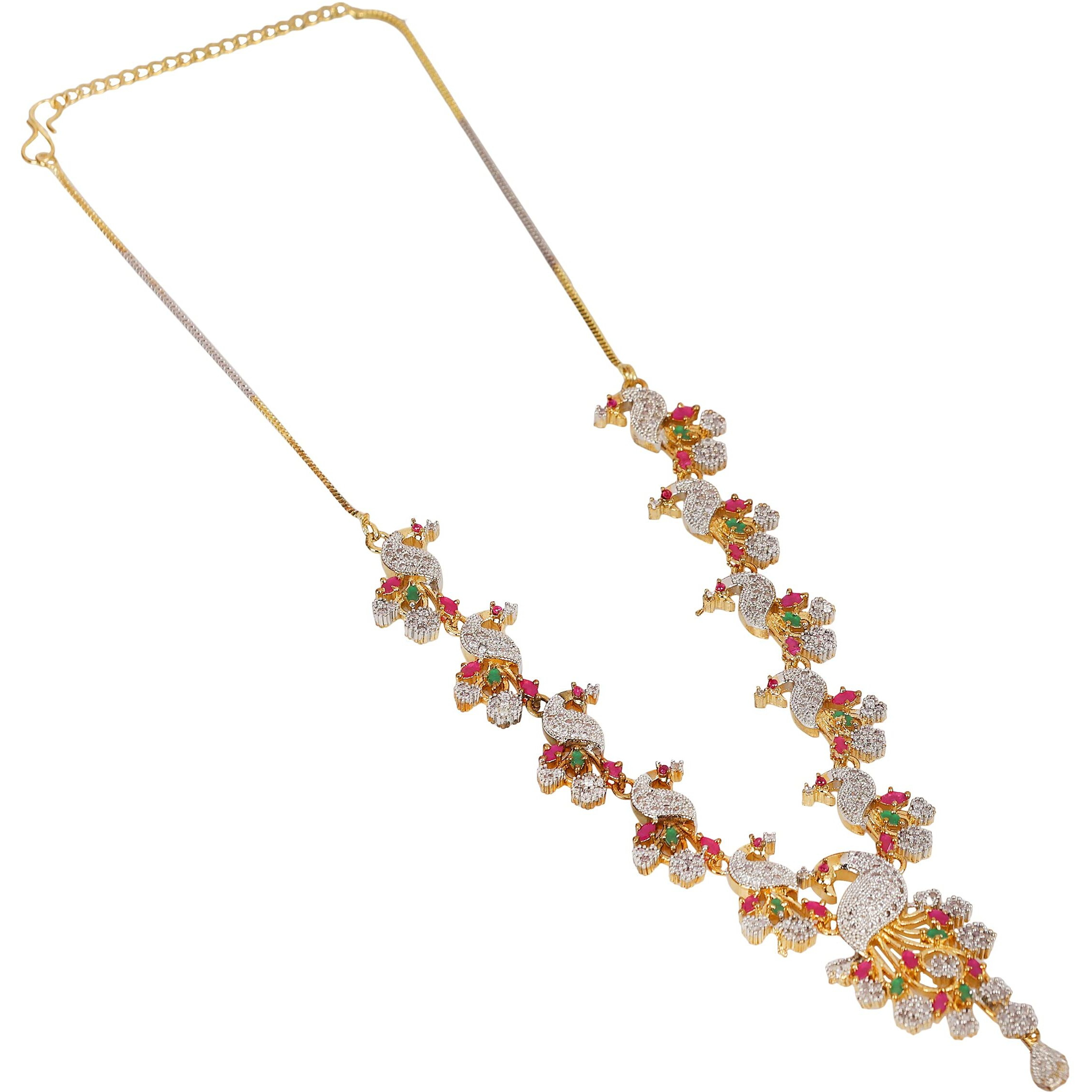 YouBella Jewellery American Diamond Peacock Style Necklace Jewellery Set for Women and Girls, Multi-Color, Medium (YBNK_50131)