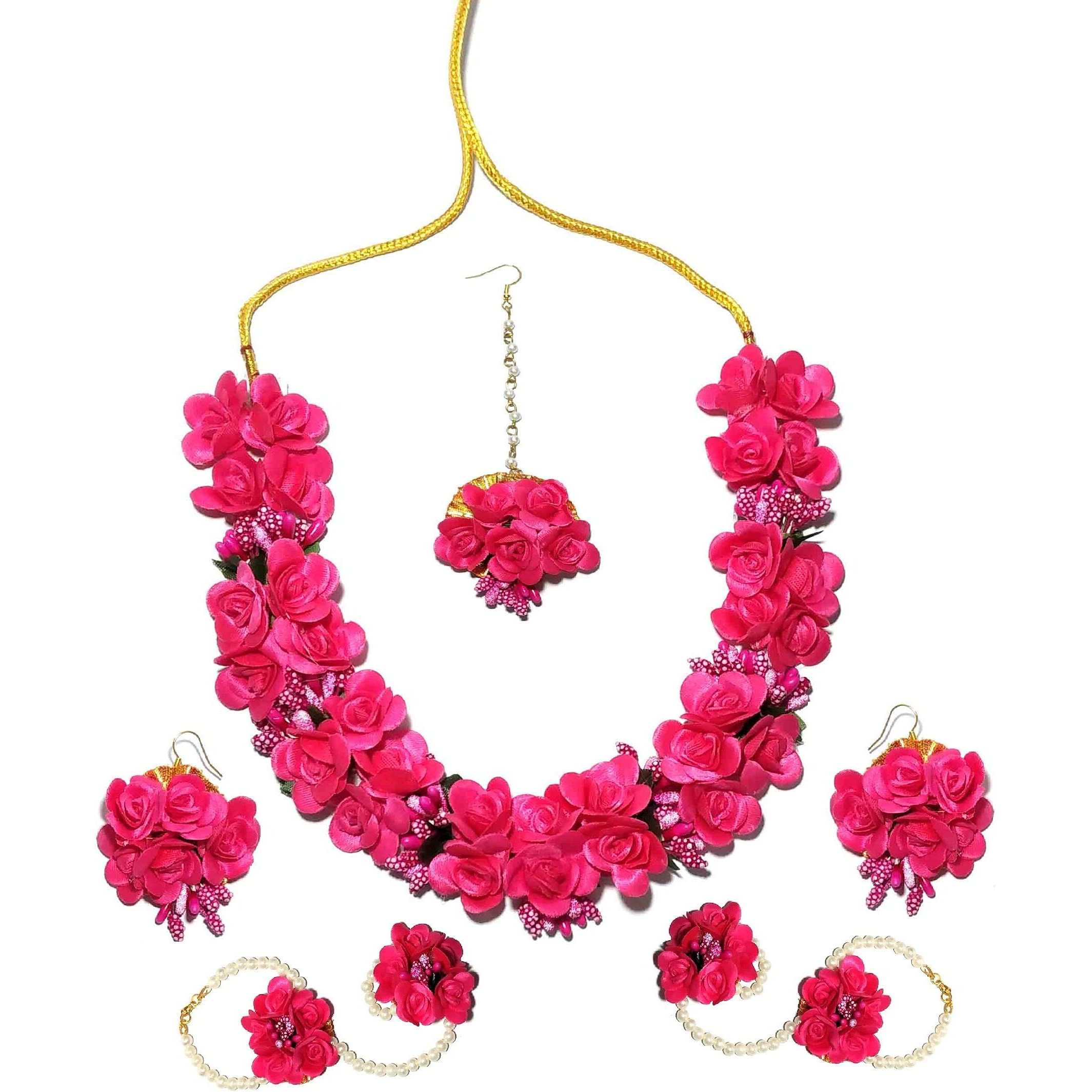 Pinoozclub Pink Flower Necklace/Earring/Maangtika/Hathfool Set For Women/Girls