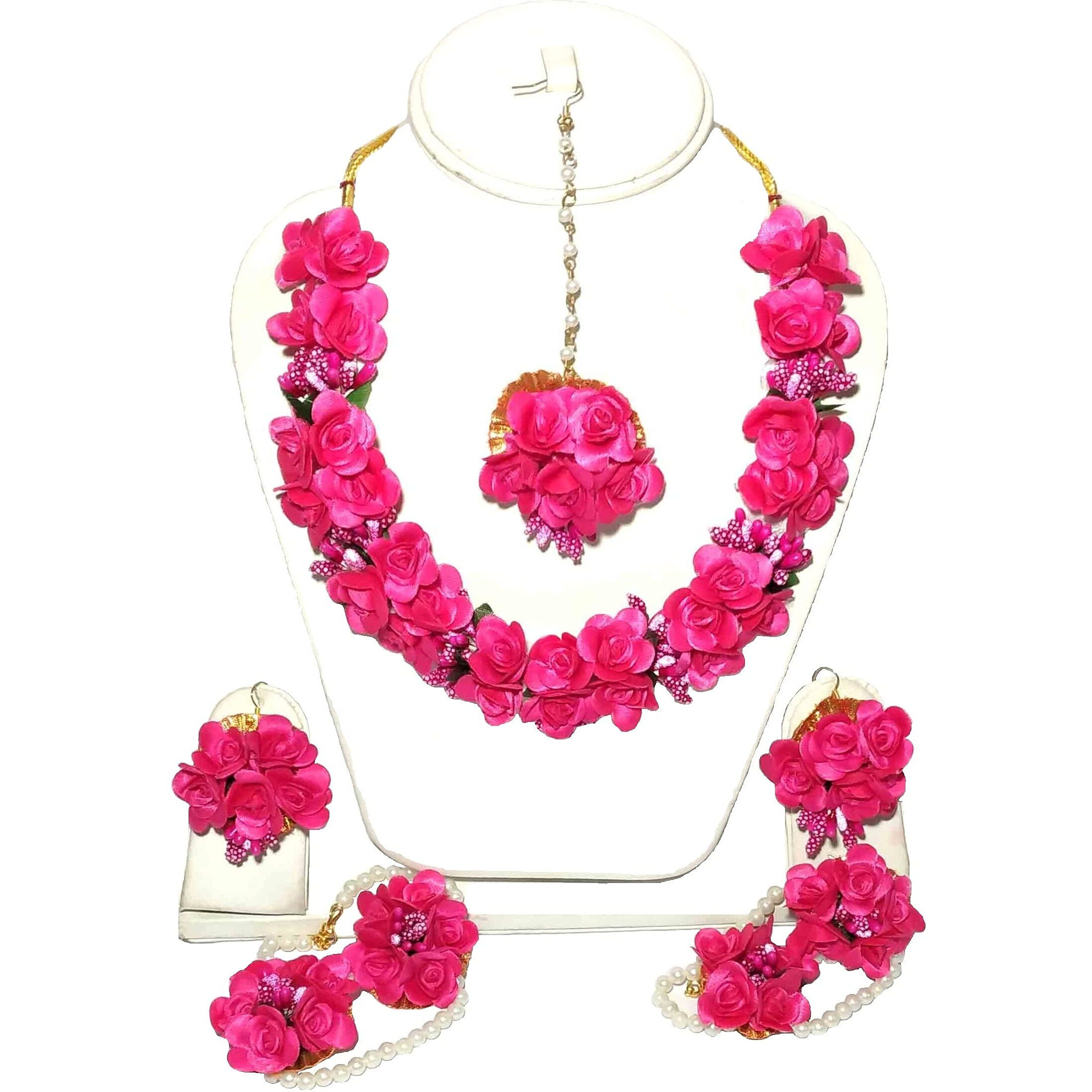 Pinoozclub Pink Flower Necklace/Earring/Maangtika/Hathfool Set For Women/Girls