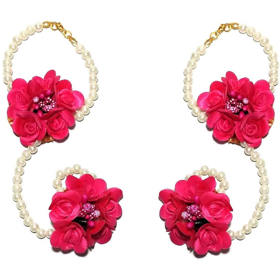 Pinoozclub Pink Flower Necklace/Earring/Maangtika/Hathfool Set For Women/Girls