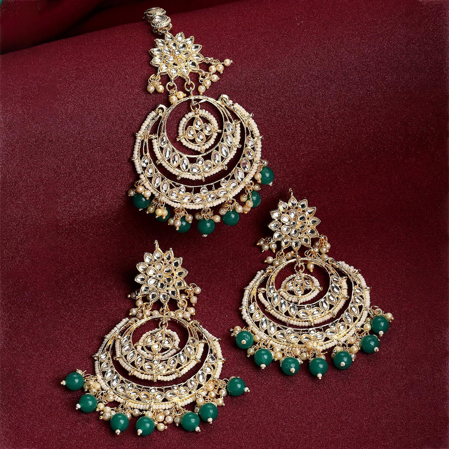 ZENEME Traditional Gold Plated Big Chandbali Kundan & Pearl Earring Set With Maang Tikka for Women (Green)